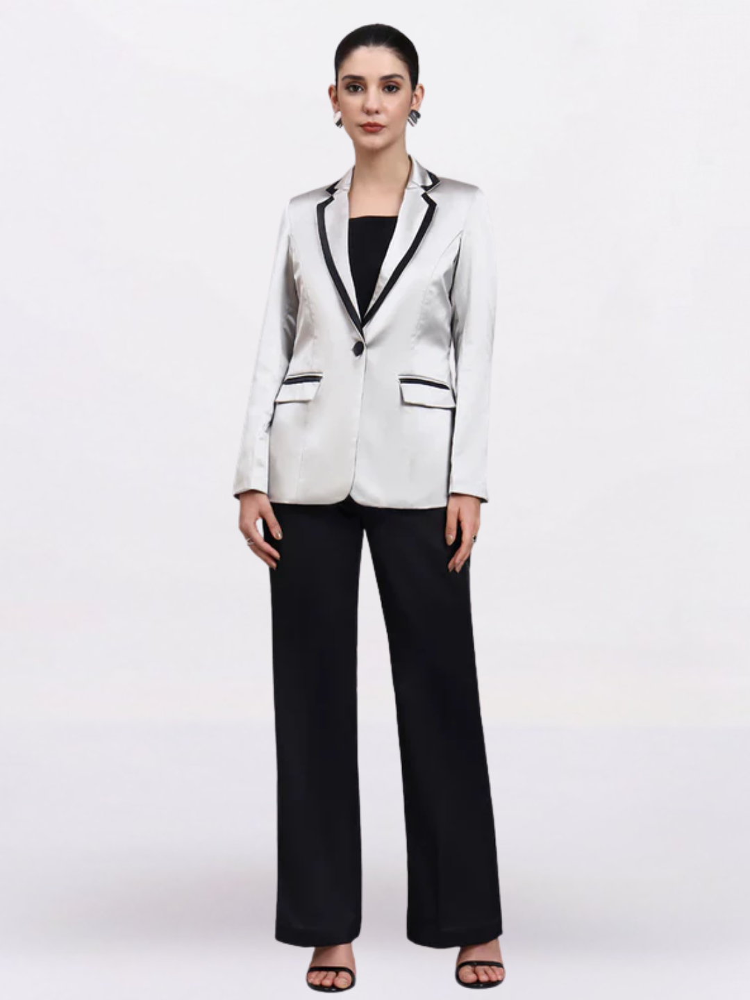 Women Silver Satin Single Breasted Formal Pantsuit