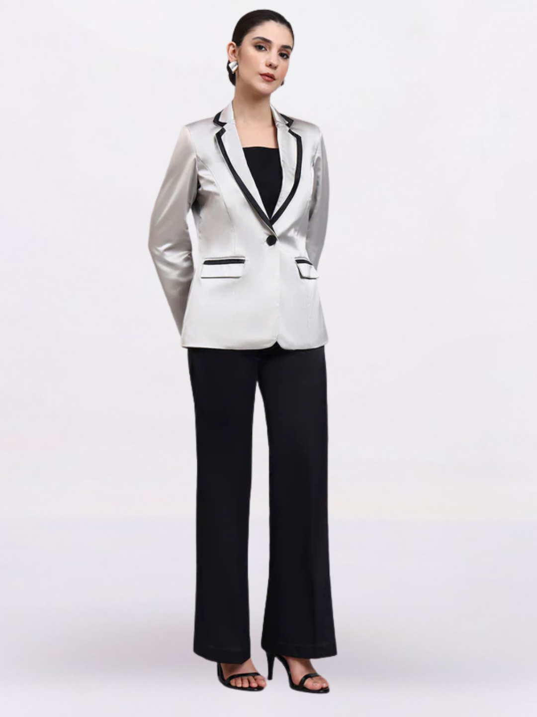 Women Silver Satin Single Breasted Formal Pantsuit