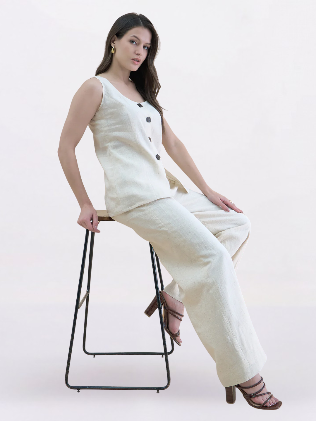 Women Beige Linen Blend Straight Fit Trouser