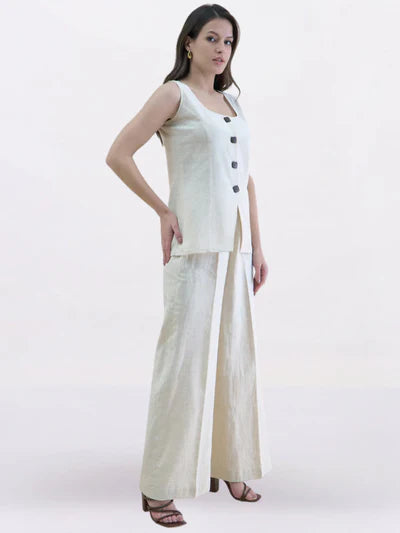 Women Beige U-Neck Linen Blend Tailored Waistcoat with Straight Fit Co-Ord set