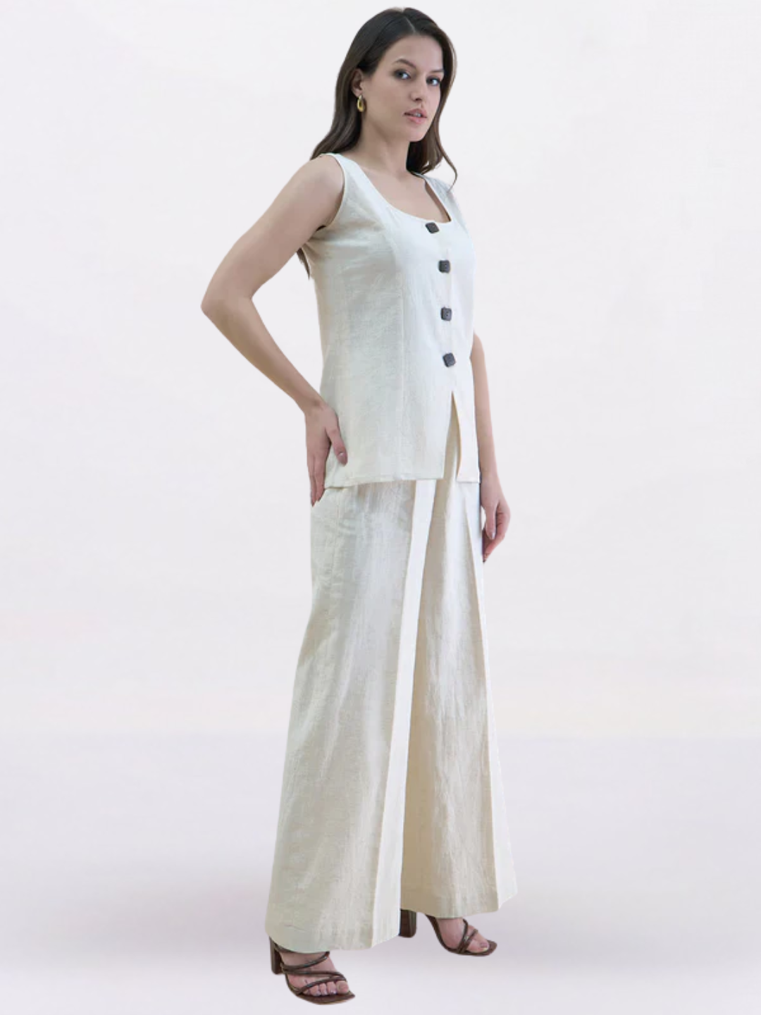 Women Beige Linen Blend Straight Fit Trouser