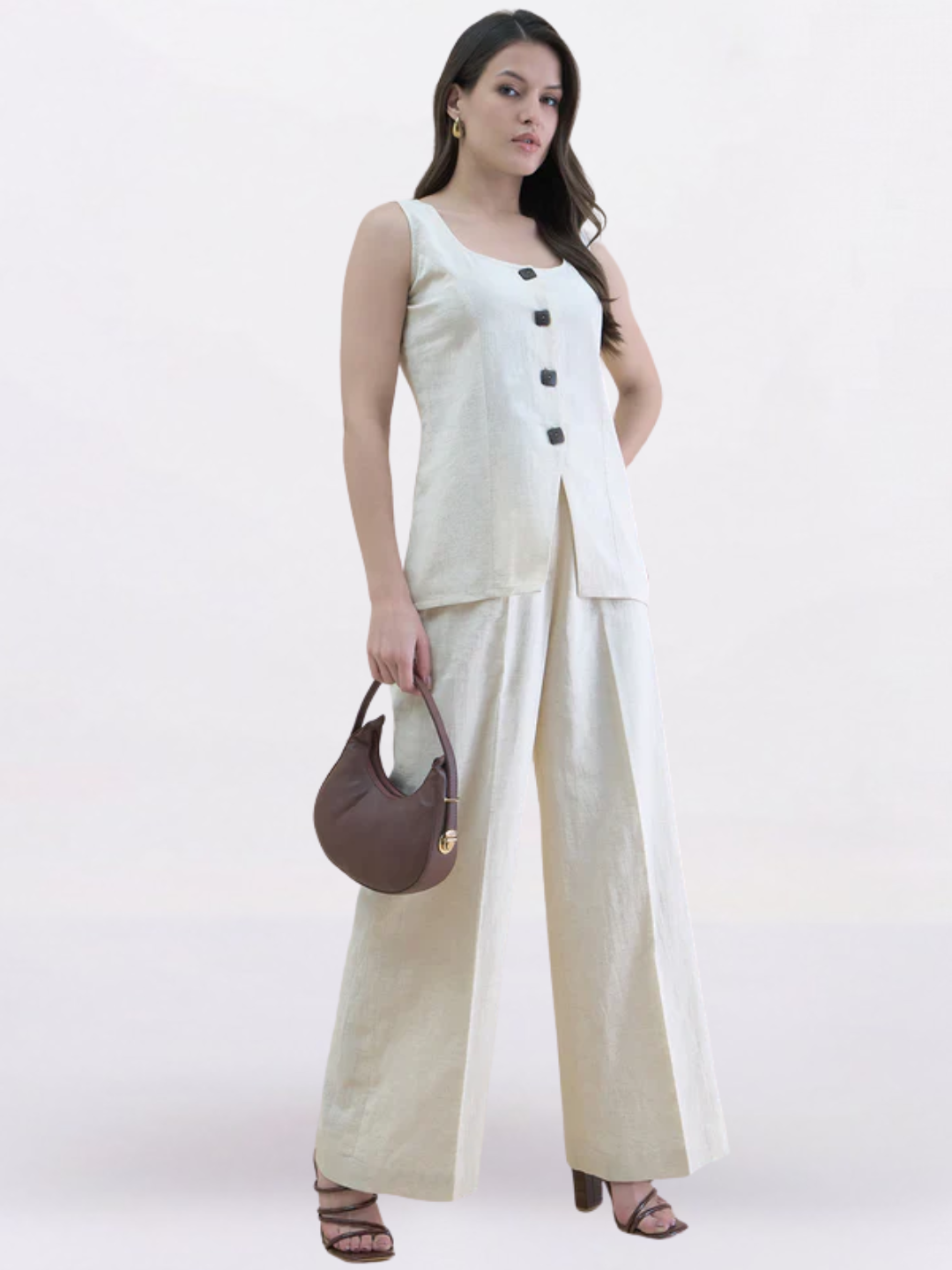 Women Beige U-Neck Linen Blend Tailored Waistcoat with Straight Fit Co-Ord set
