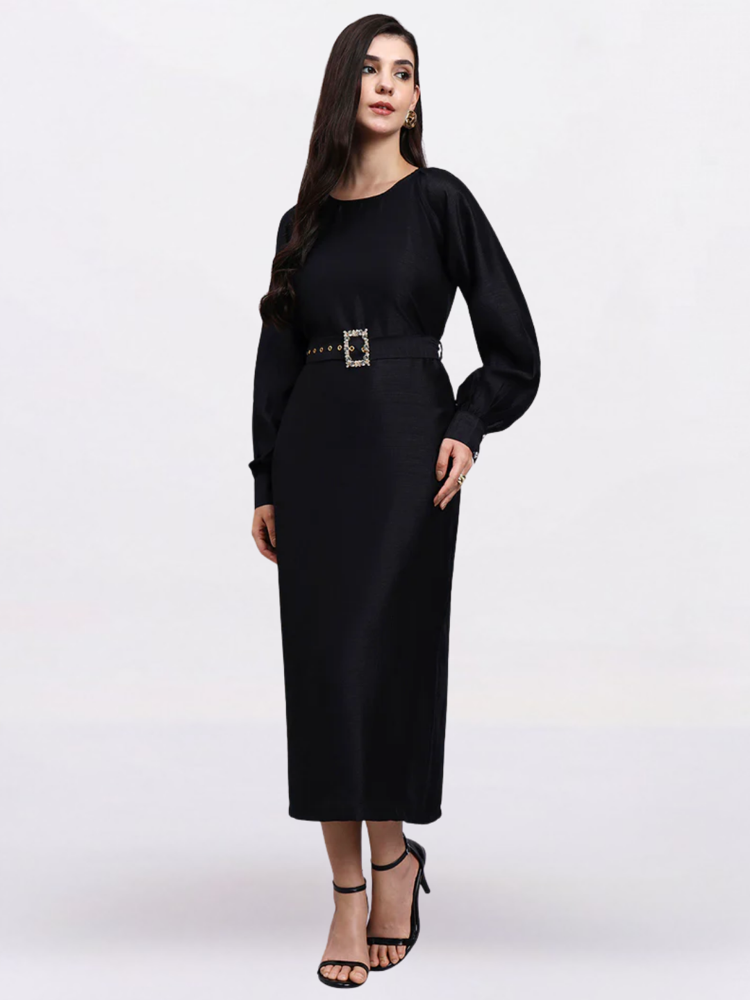 Women Black Belted Midi Dress