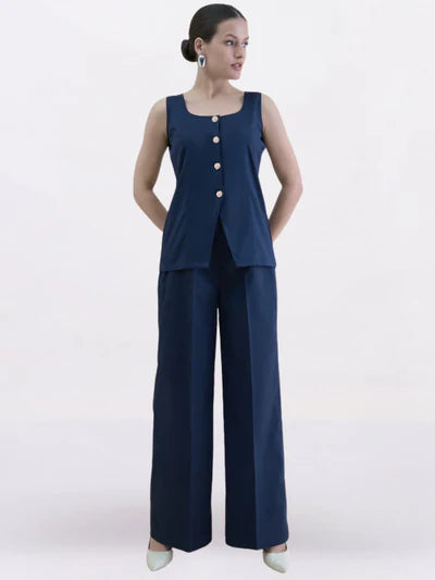 Women U-Neck Straight Fit Waistcoat And Trouser