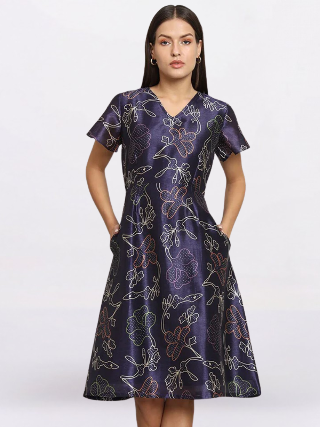 Women Blue Floral Printed Silk Fit & Flare Dress