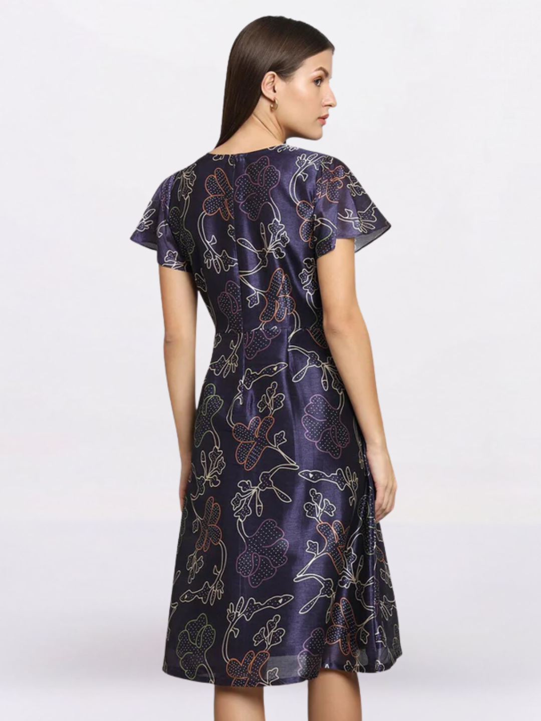 Women Blue Floral Printed Silk Fit & Flare Dress