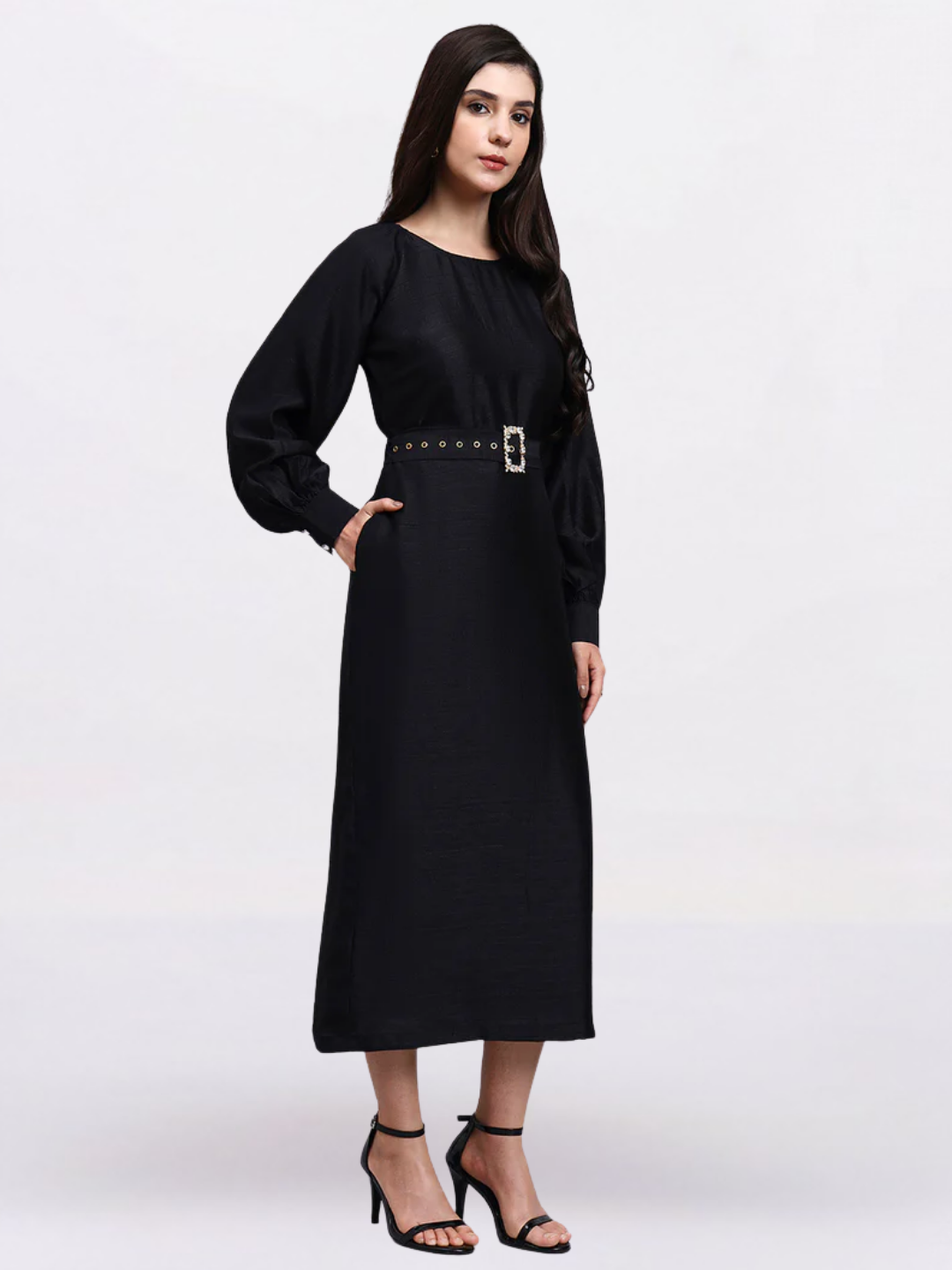 Women Black Belted Midi Dress
