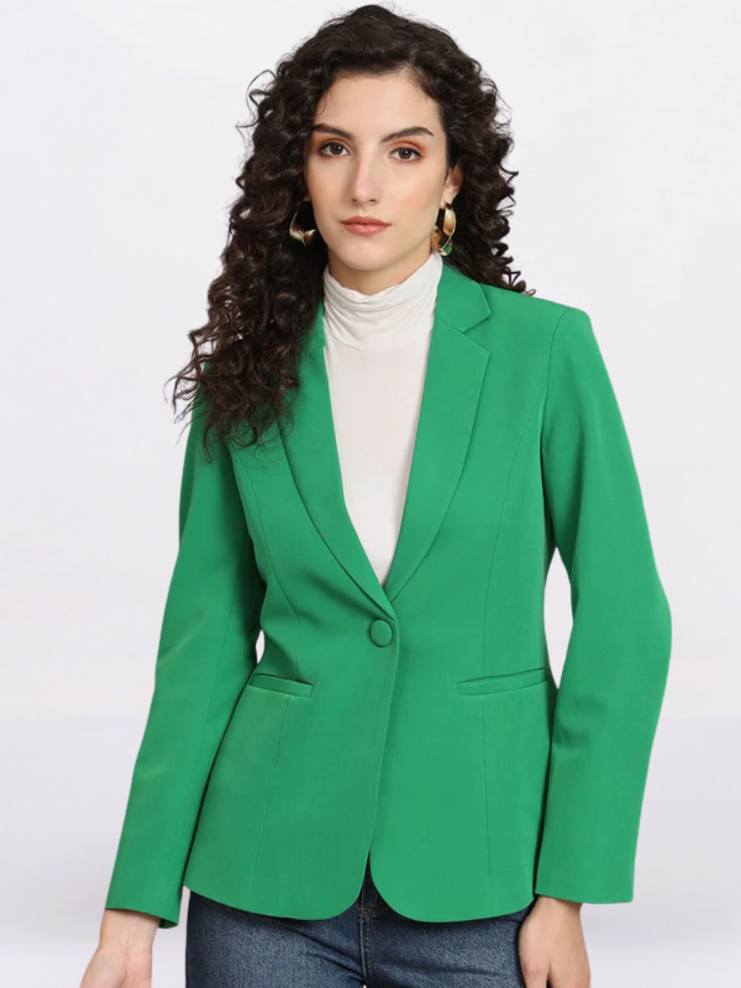 Women Green Notched Lapel Formal Blazer