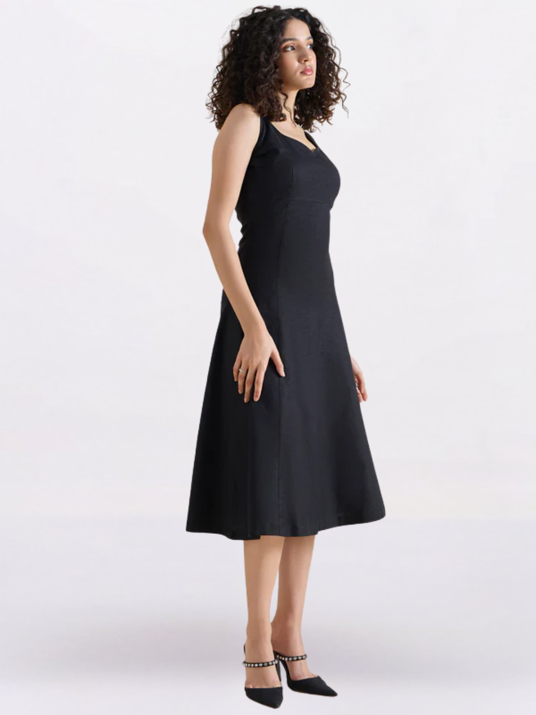 Women Black Sweetheart-Neck Stretch Midi Dress