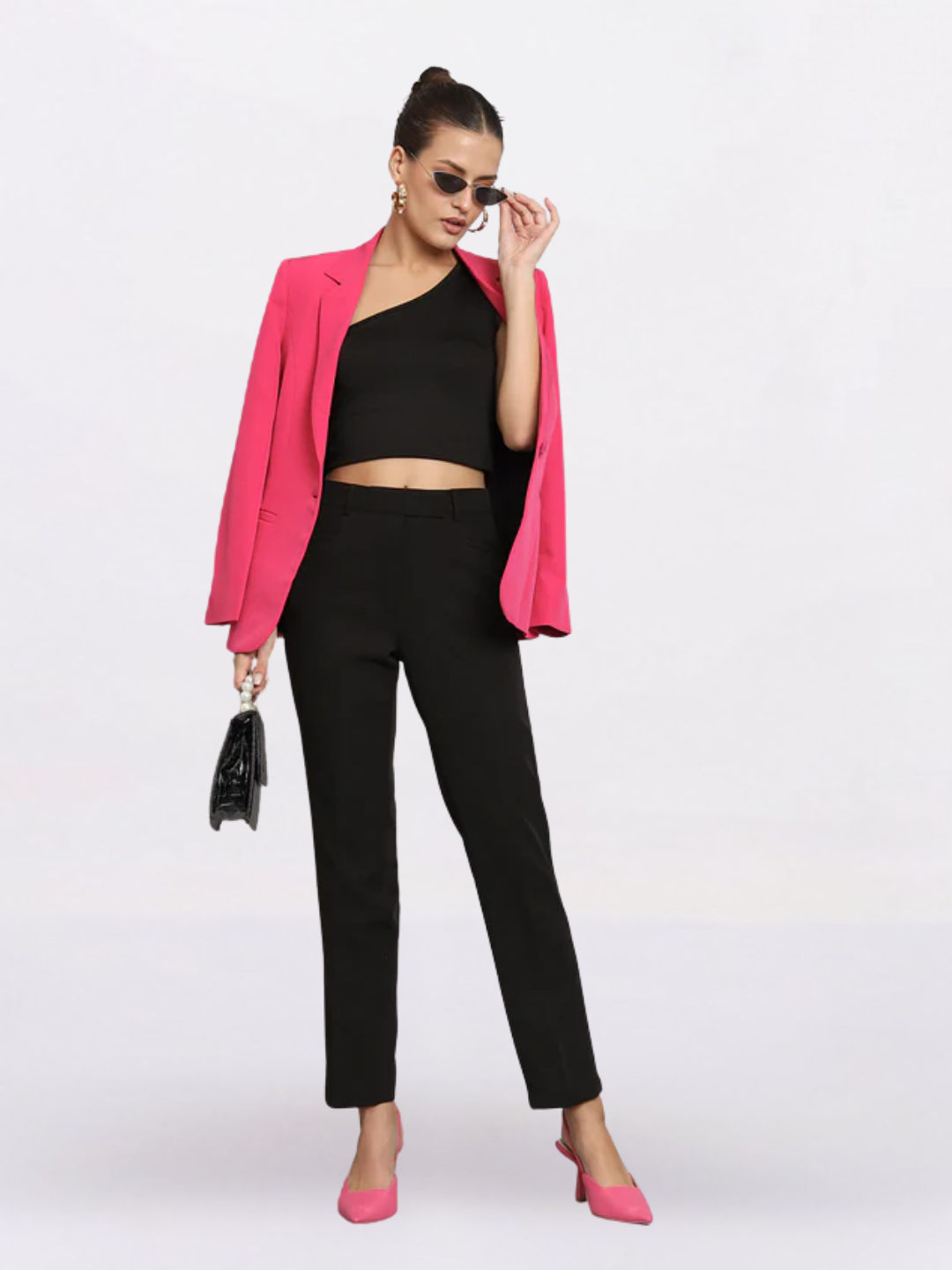 Women Hot Pink Notched Collar Formal Blazer