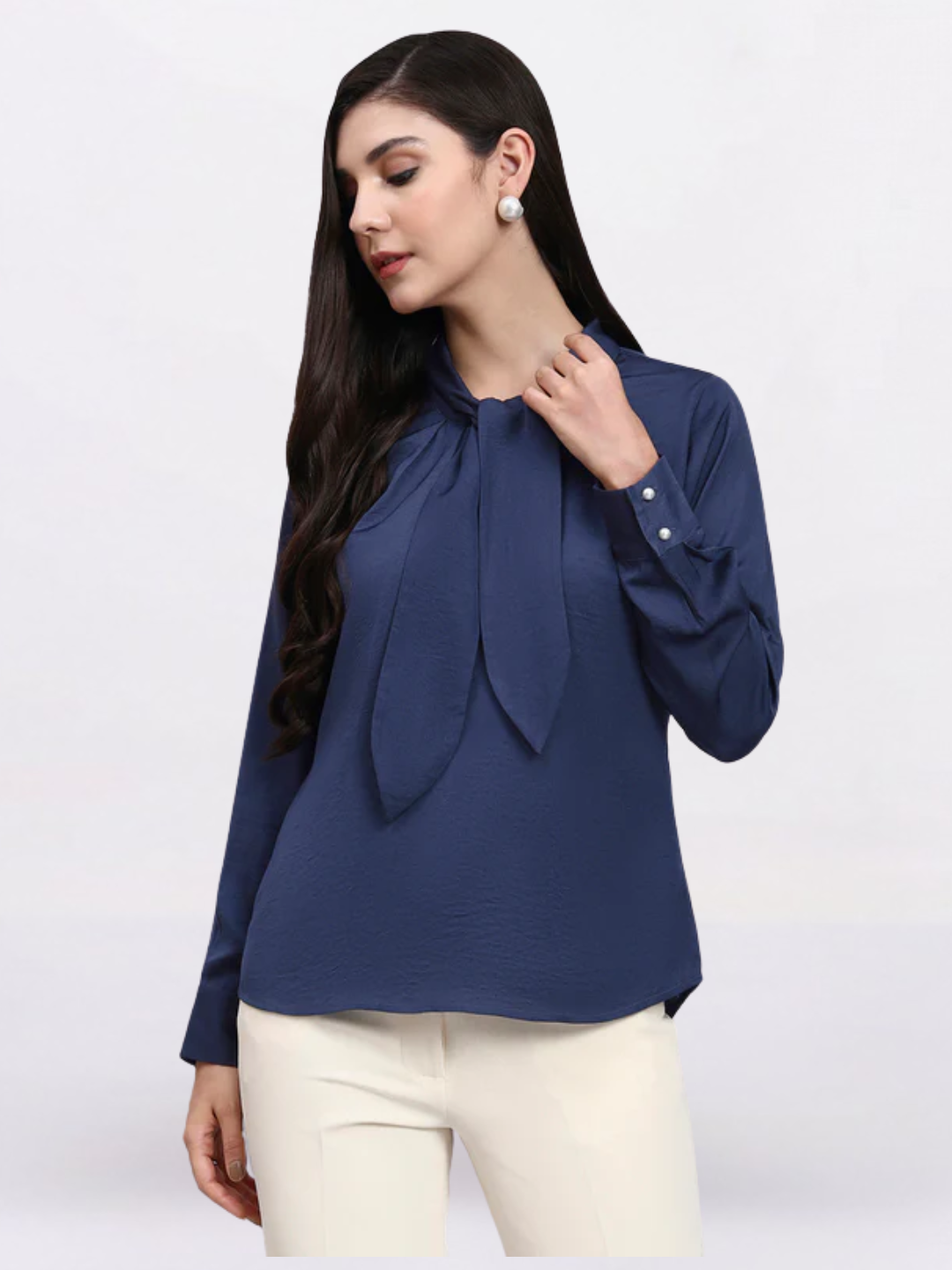 Women Blue Tie-Neck Top