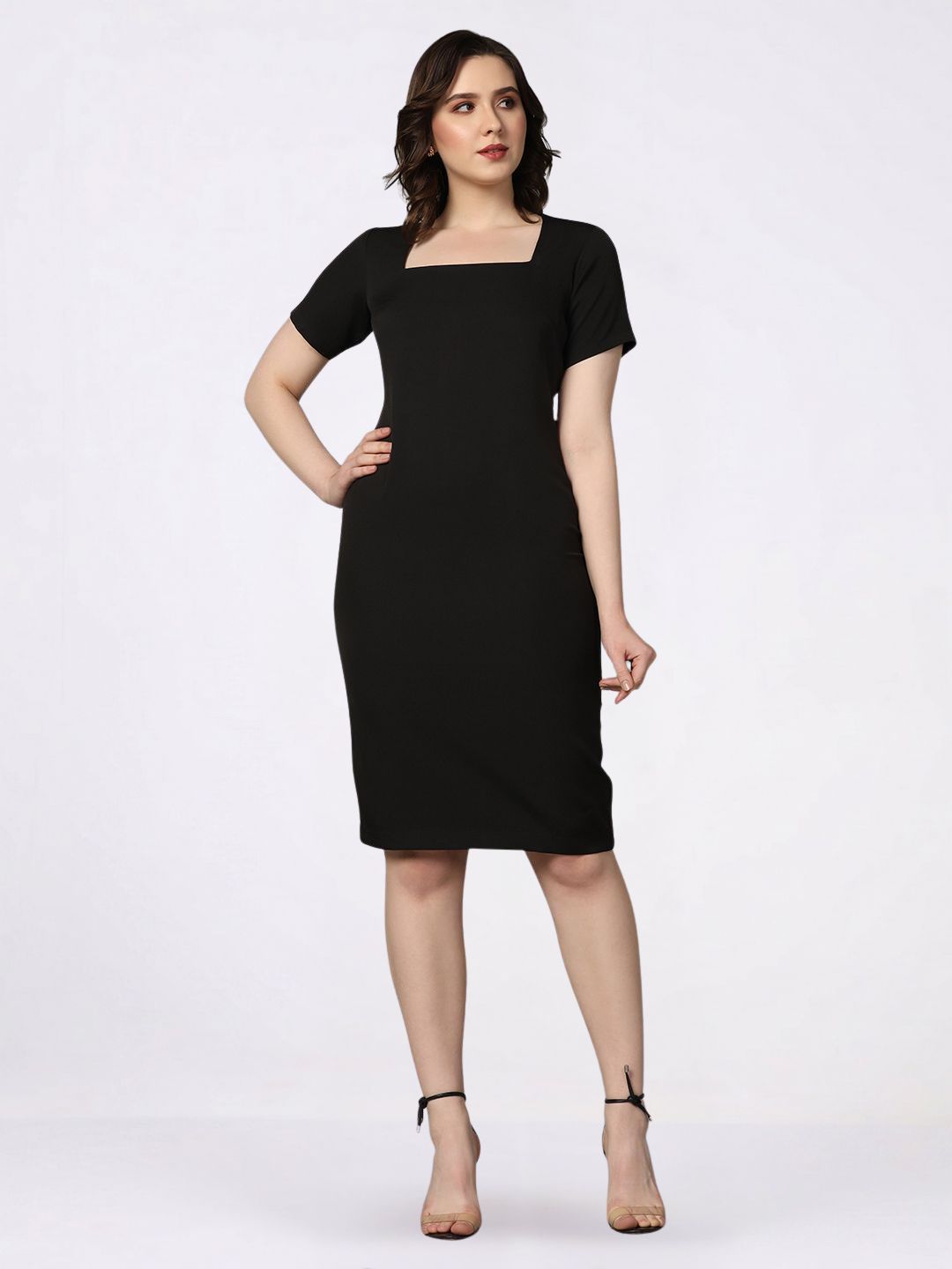 Women Black dress with Ink Blue Notched Lapel Blazer