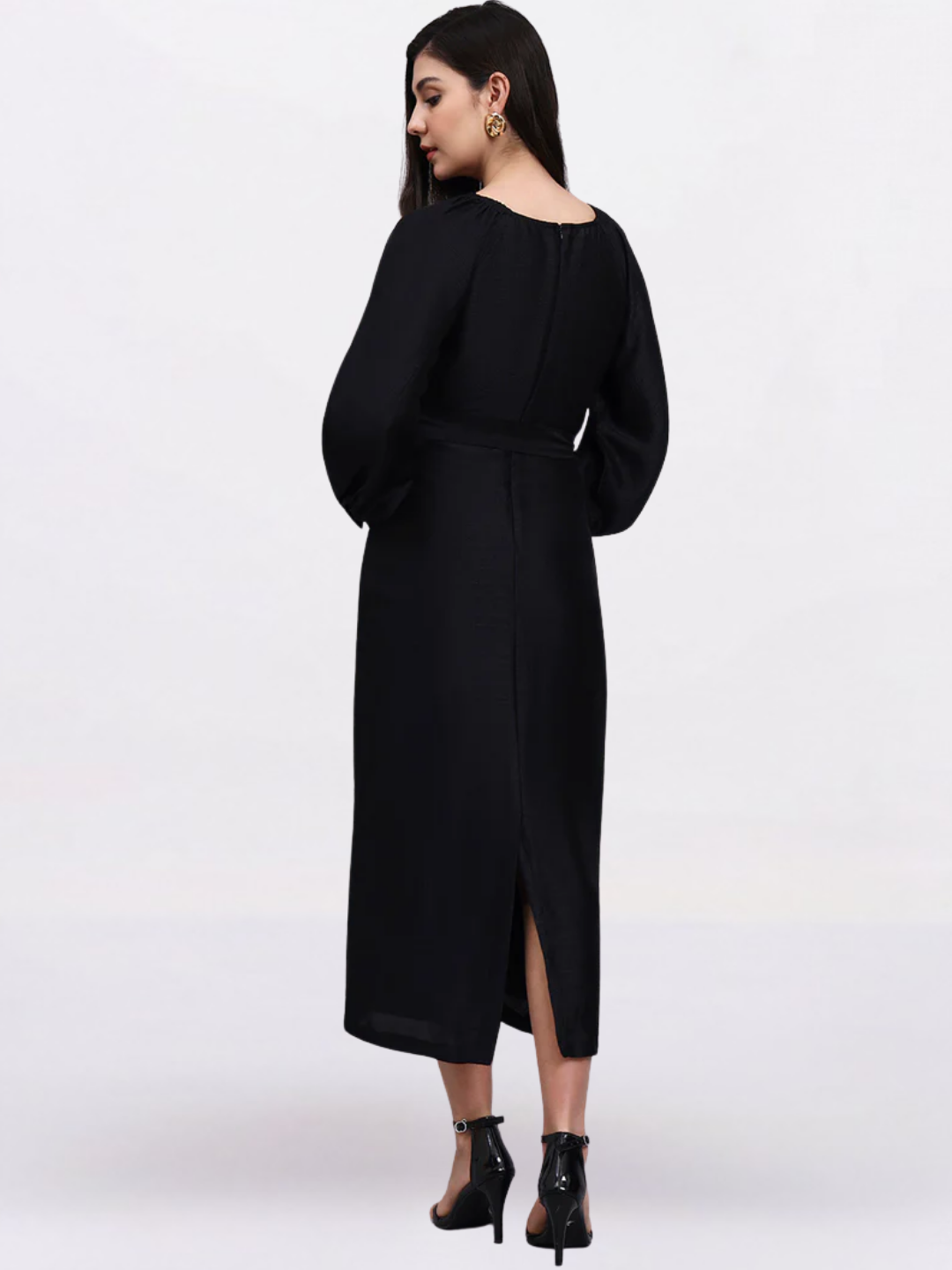 Women Black Belted Midi Dress