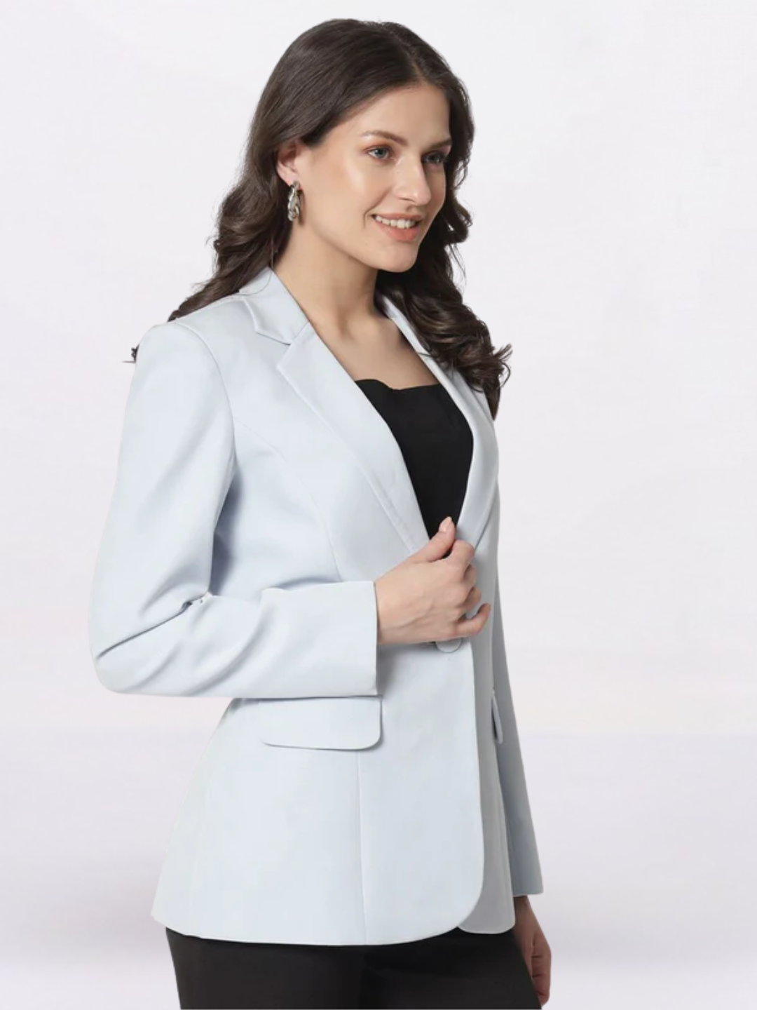 Women Ice Blue Notched Lapel Single Breasted Blazers