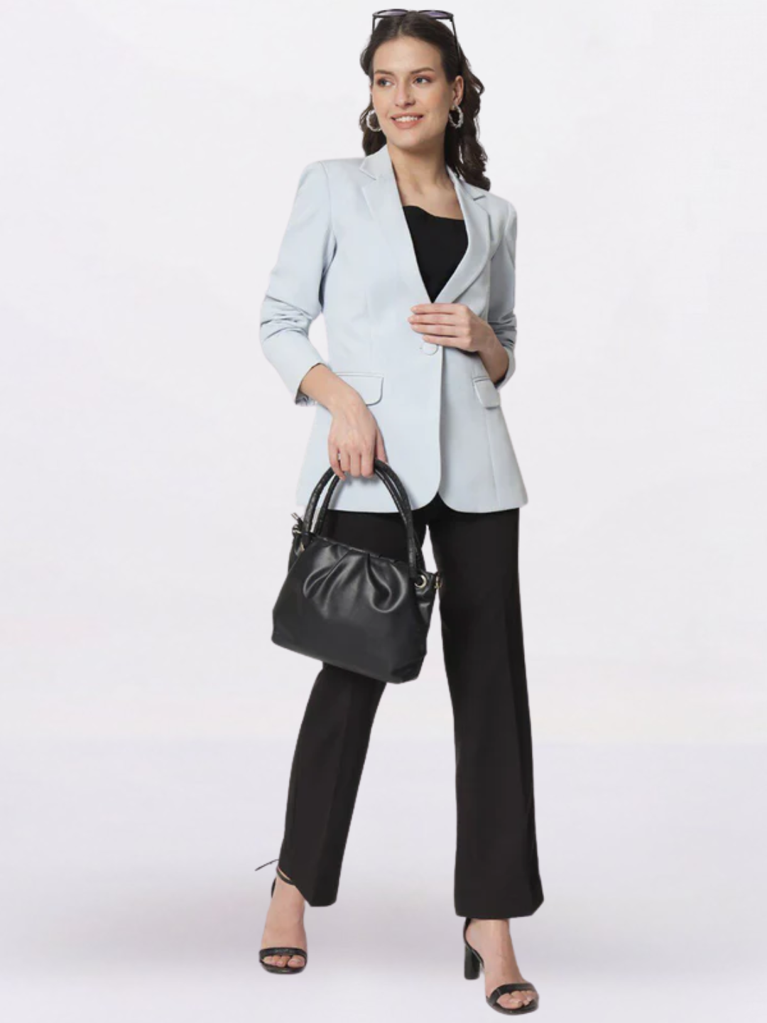 Women Ice Blue Notched Lapel Single Breasted Blazers