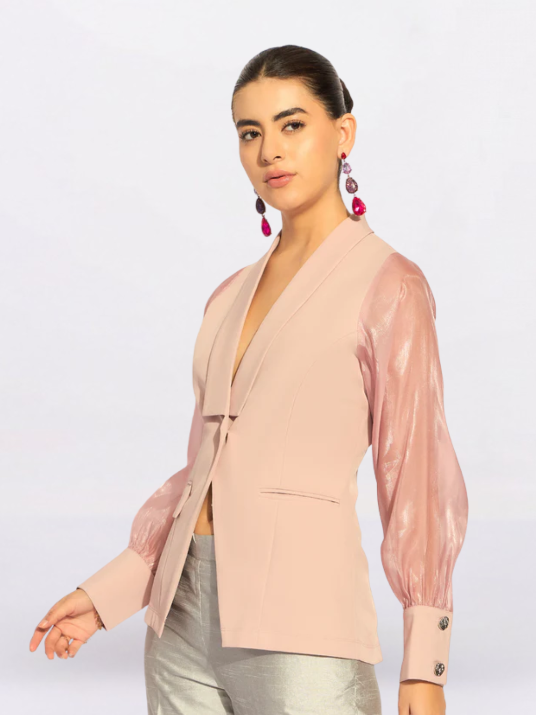 Women Pink Shawl Collar Long Sleeves Shirt Style Top