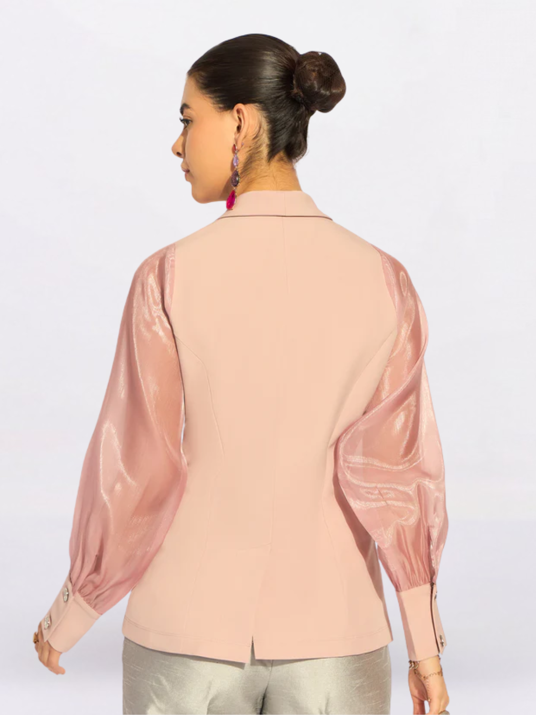 Women Pink Shawl Collar Long Sleeves Shirt Style Top