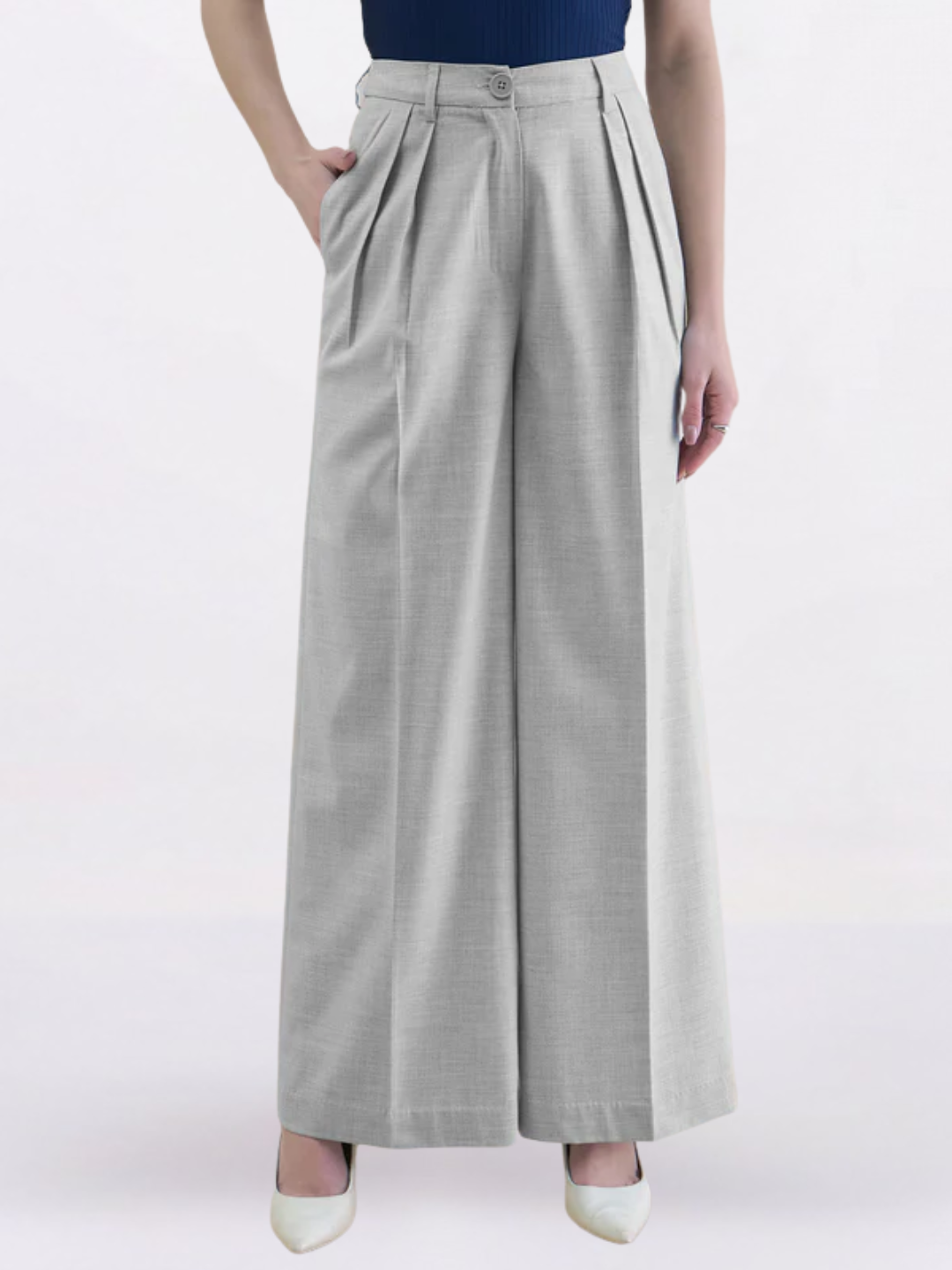 Women Grey Textured High-Rise Pleated Trousers