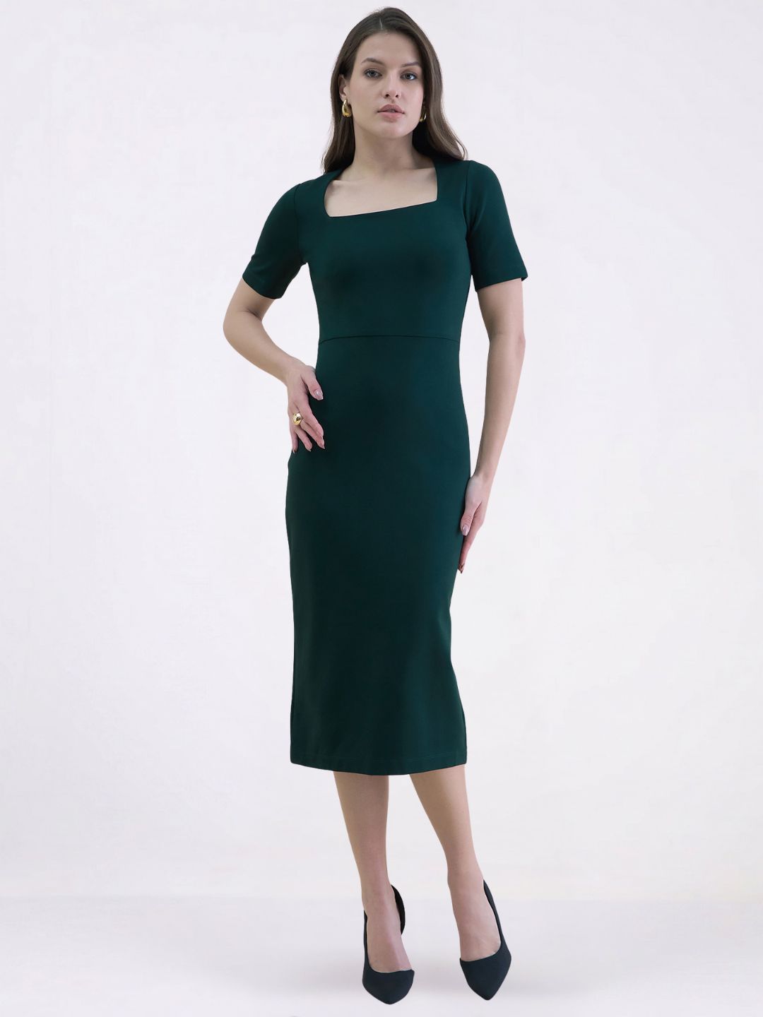 Women green square neck dress with Fern green Blazer