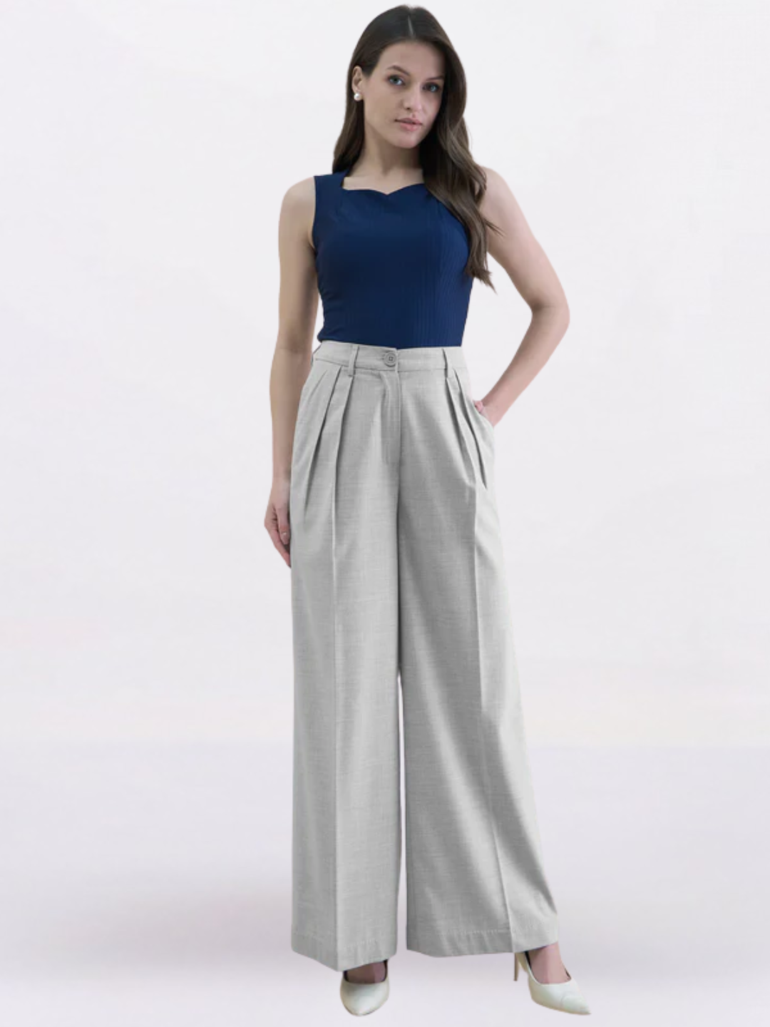 Women Grey Textured High-Rise Pleated Trousers