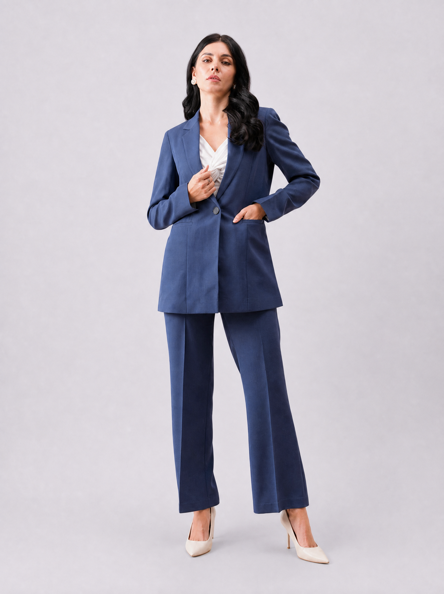 Women Navy Blue Checked Single Breasted Formal Blazer