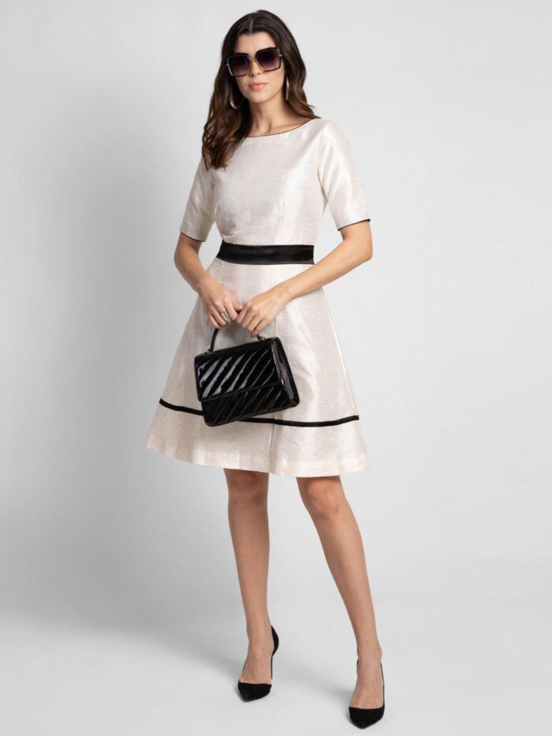 Women Dupioni Evening Fit and Flare Dress - Creamy White