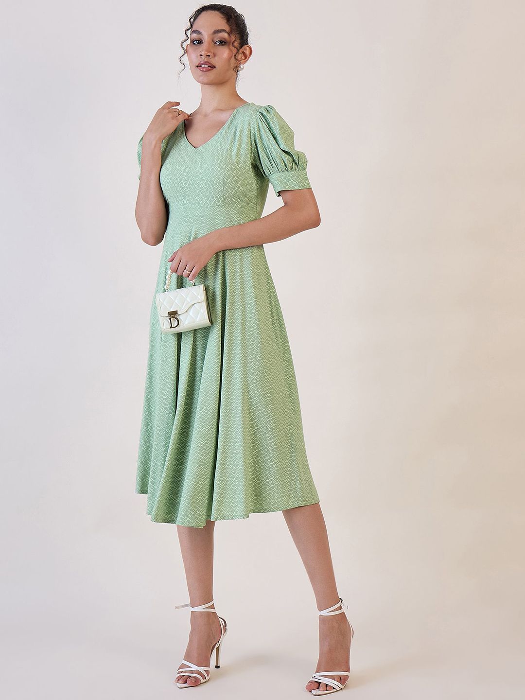 Olive Dotted Fit & Flare Dress