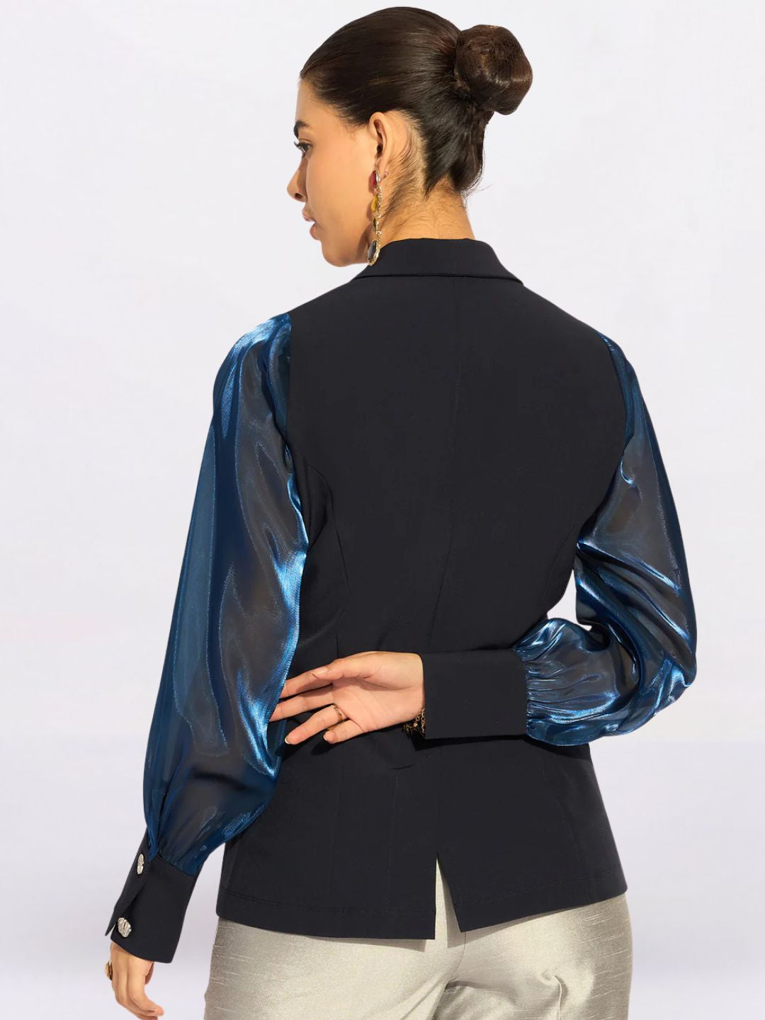 Women Blue Lapel Collar Long Sleeves Shirt Style Top