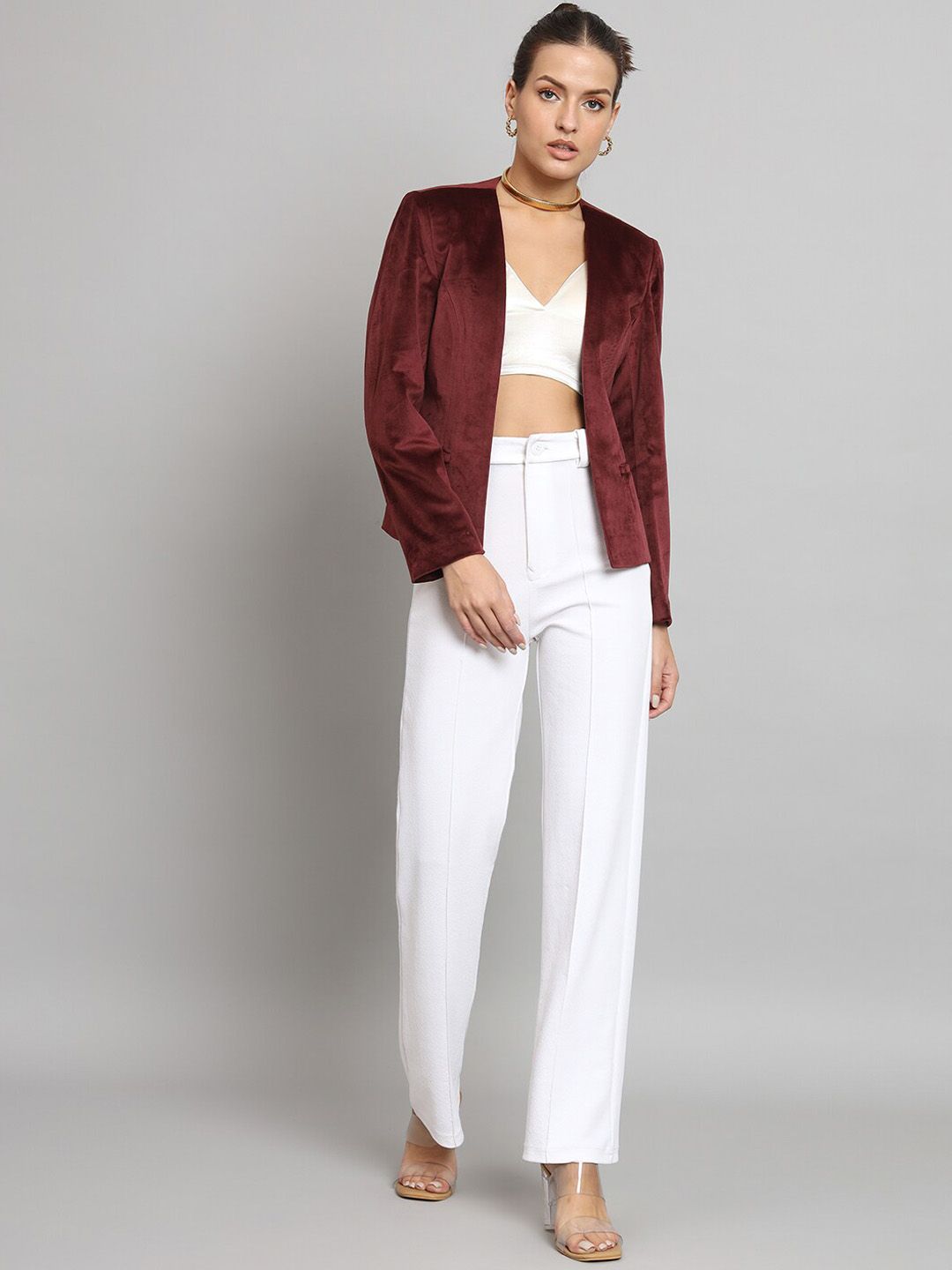 Short Velvet jacket without collar- Maroon