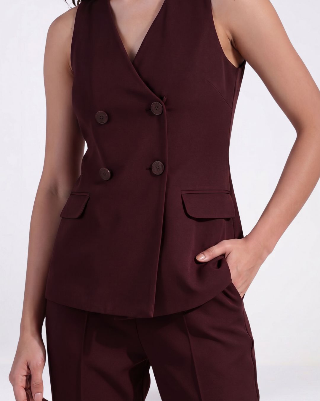 Women Wine Double Breasted Co-ord Set