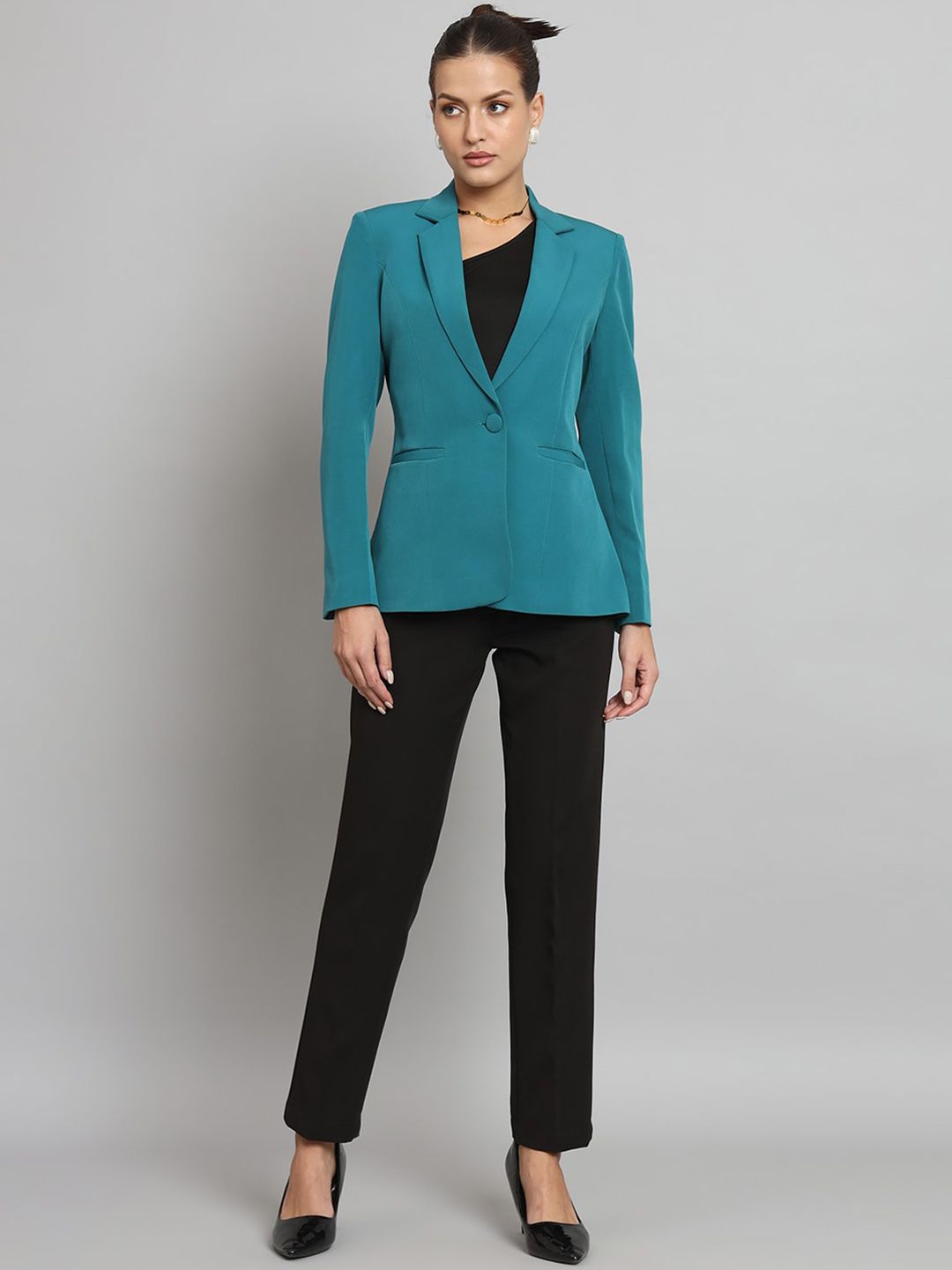 Women Notched Lapel Collar Single Breasted Formal Blazer