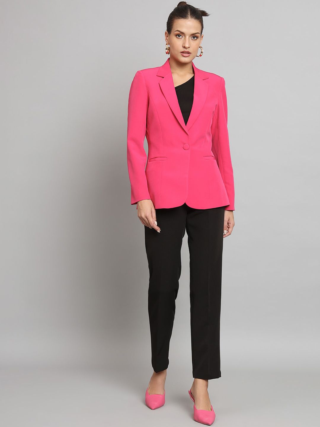 Women Notched Lapel Collar Single-Breasted Formal Blazer