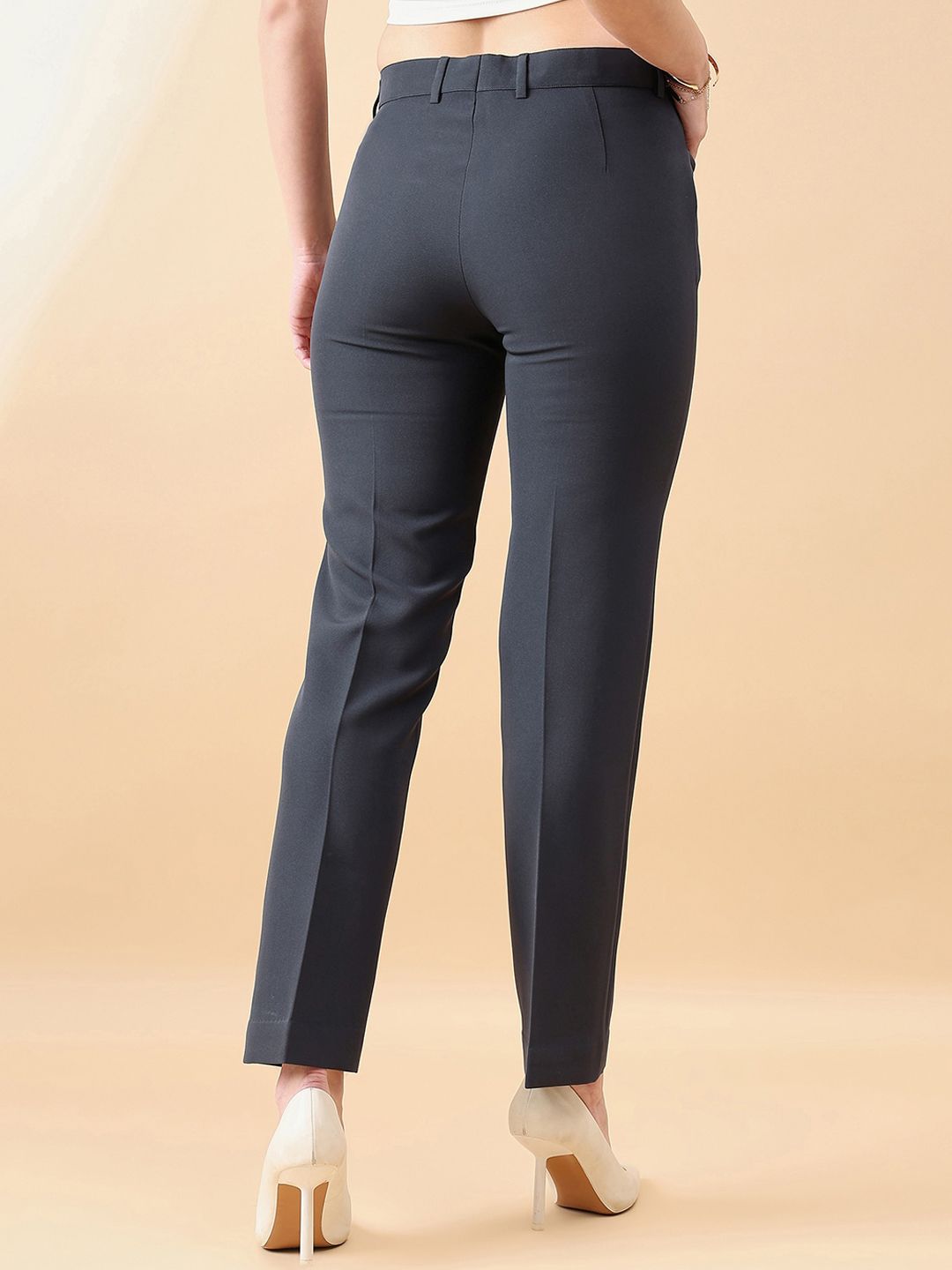 Women Comfort Fit Mid Waist Stretch Pants- Dark Grey