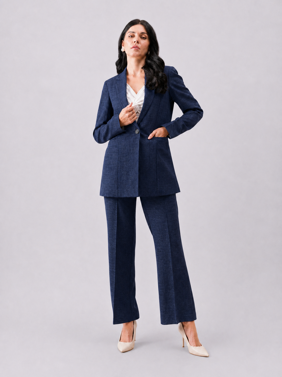 Women Navy Blue Checked Formal Trouser