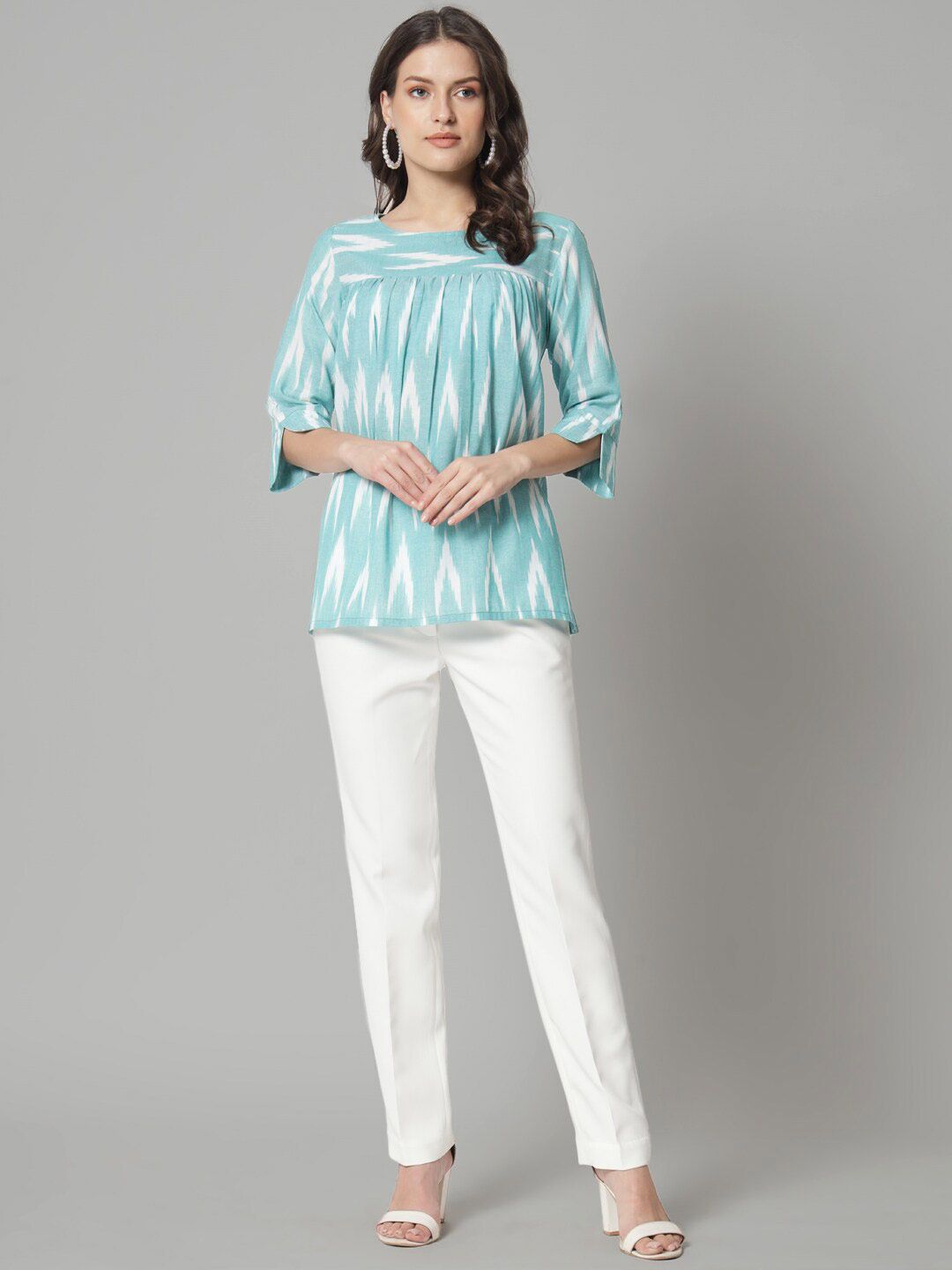 Cotton Ikat Print Loose Fit Top- Green