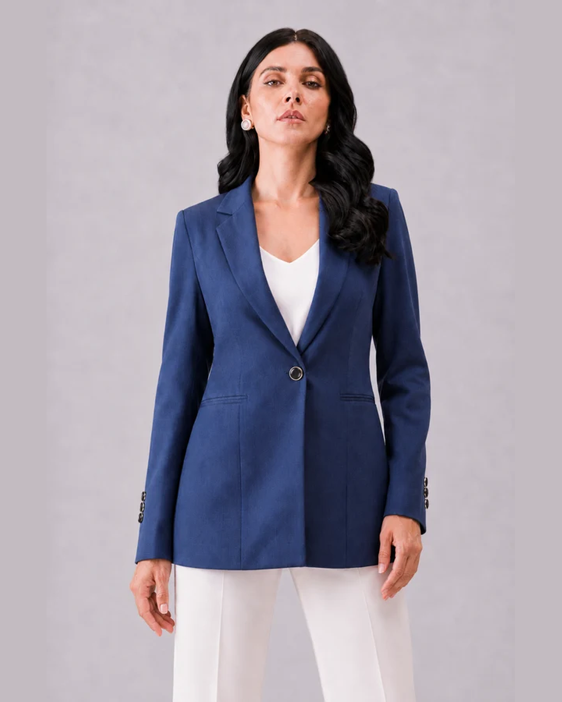 Women Navy Blue Checked Single Breasted Formal Blazer