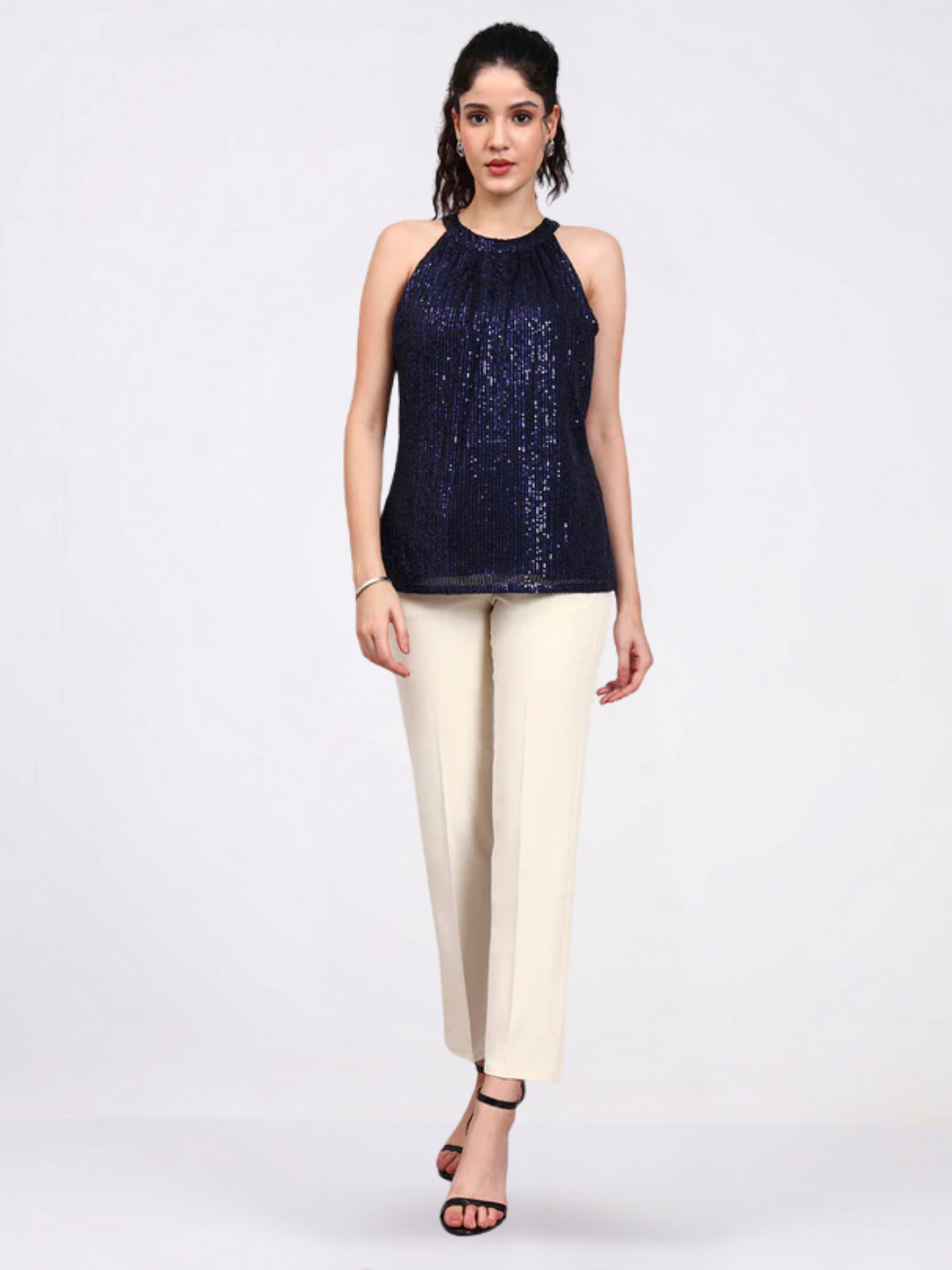 Women Navy Blue Sequin Halter Camisole with Gathered Detail