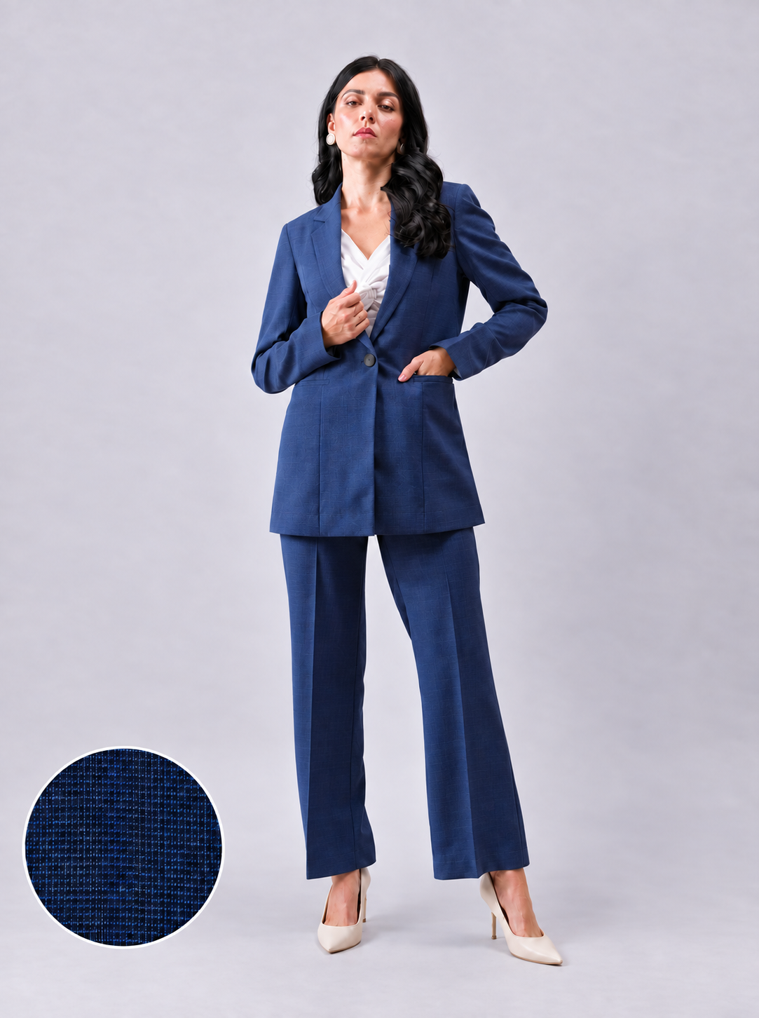 Women Navy Blue Checked Single Breasted Formal Pantsuit