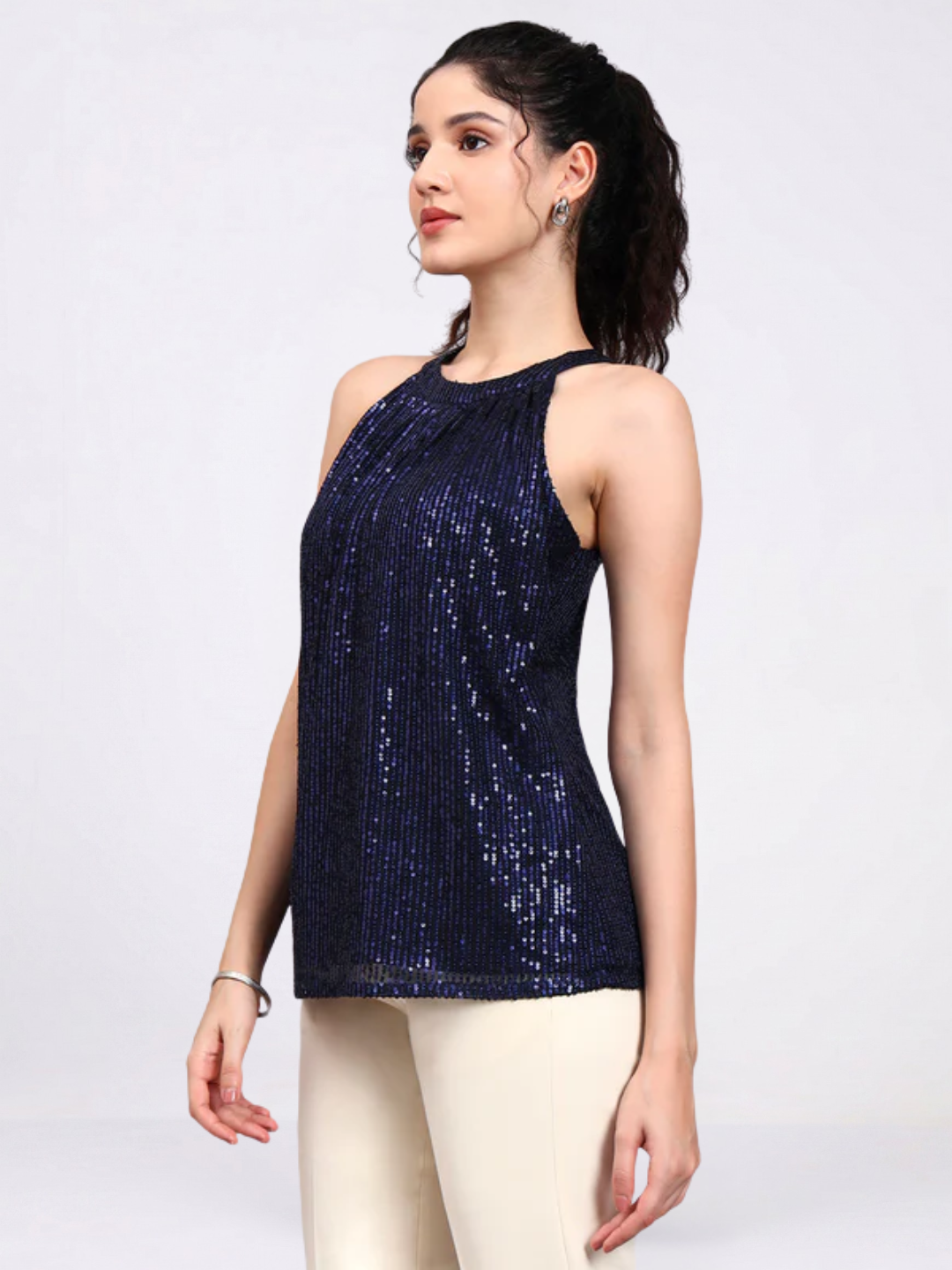 Women Navy Blue Sequin Halter Camisole with Gathered Detail
