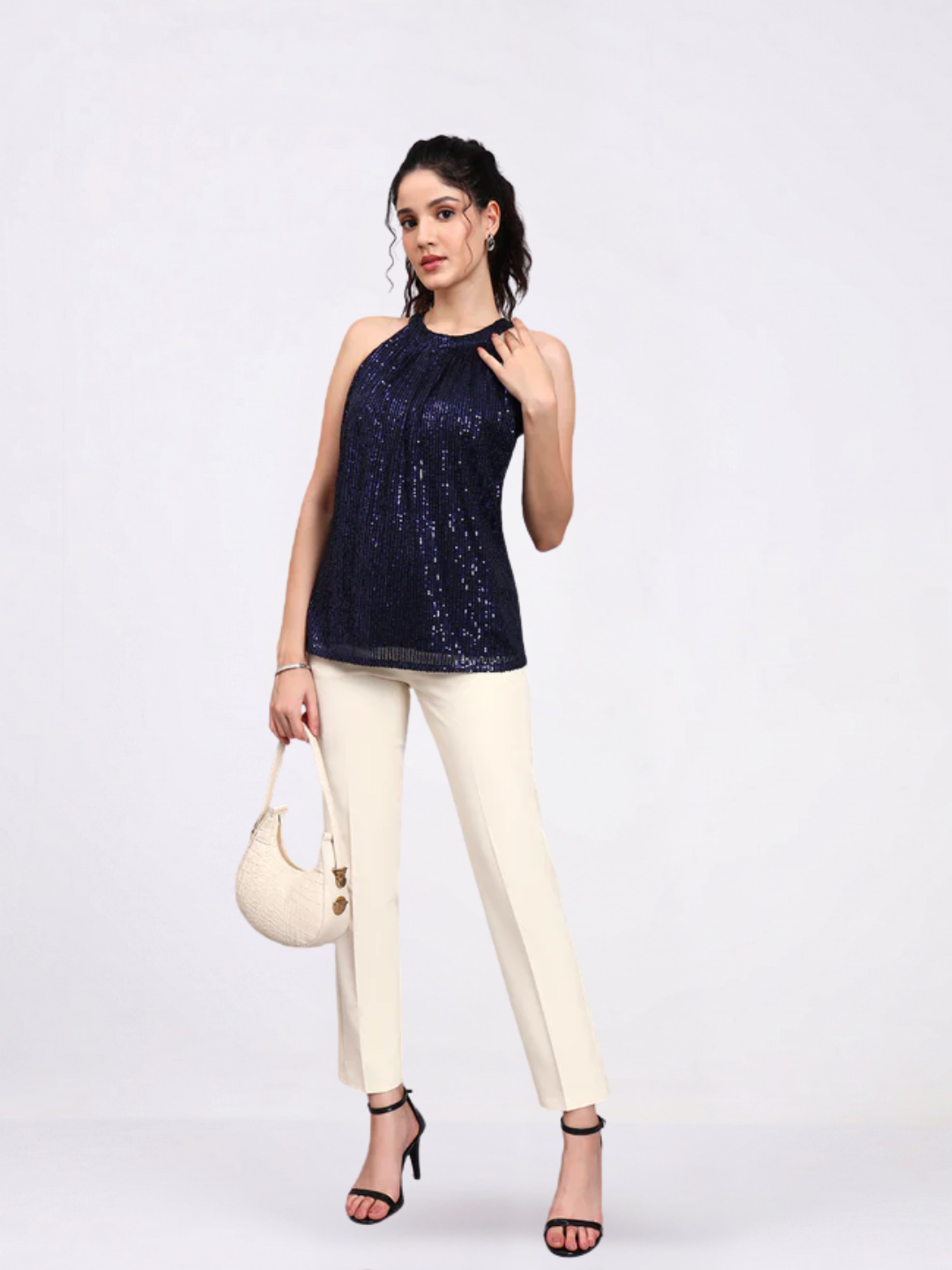 Women Navy Blue Sequin Halter Camisole with Gathered Detail