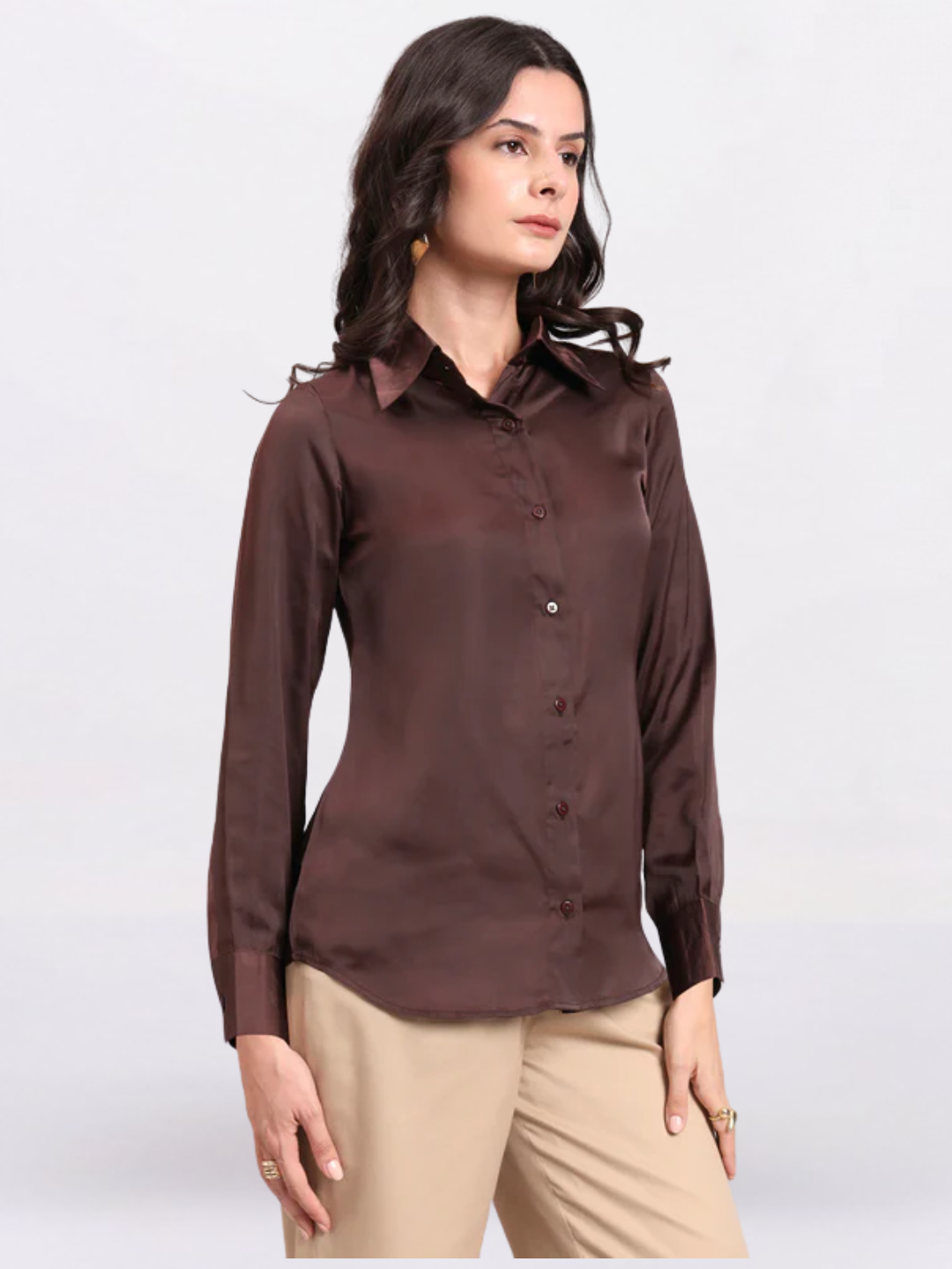 Women Chocolate Brown Satin Long Sleeve Button-Up Shirt