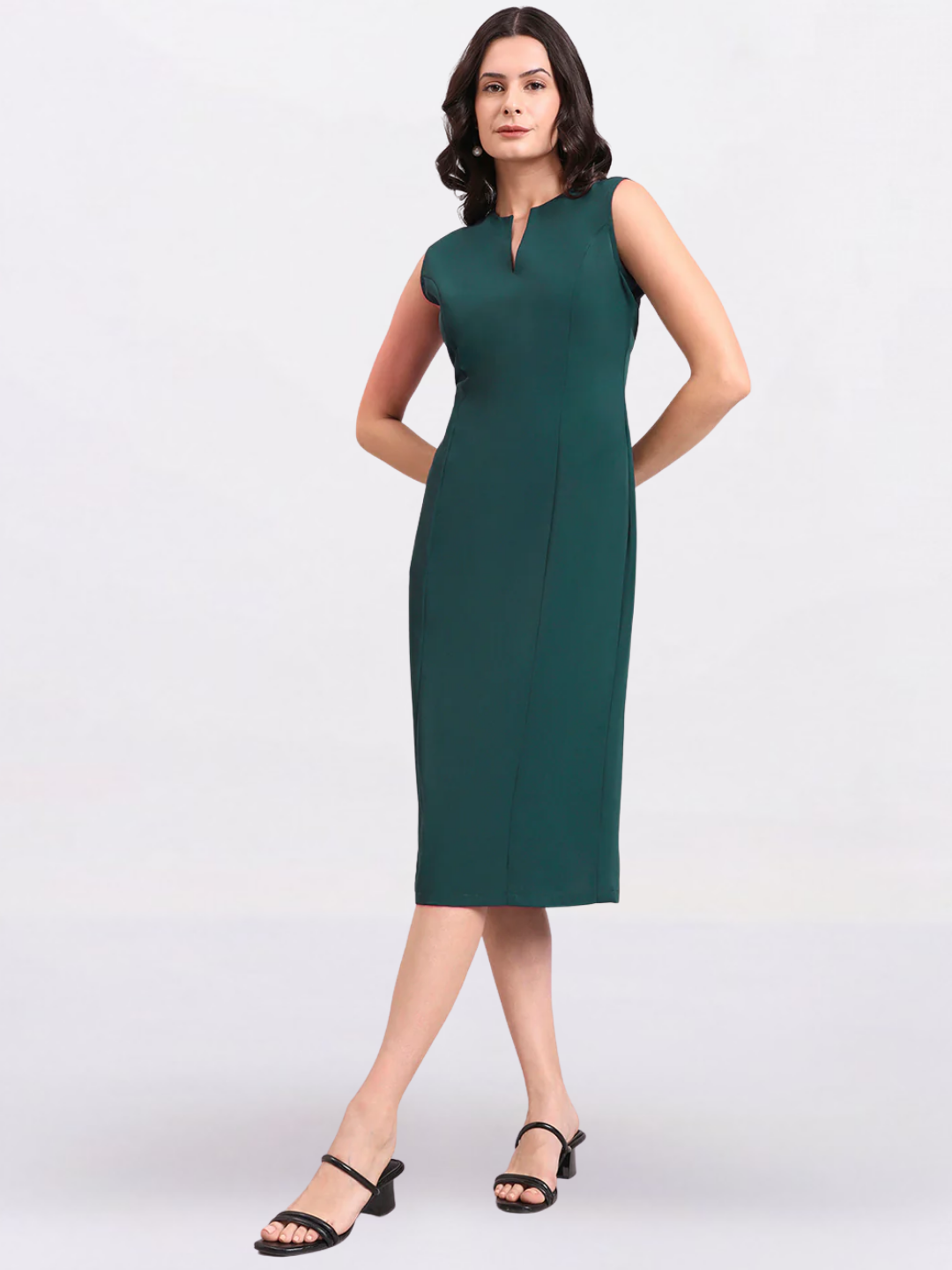 Women Dark Green Princess Panel A-Line Stretch Midi Dress