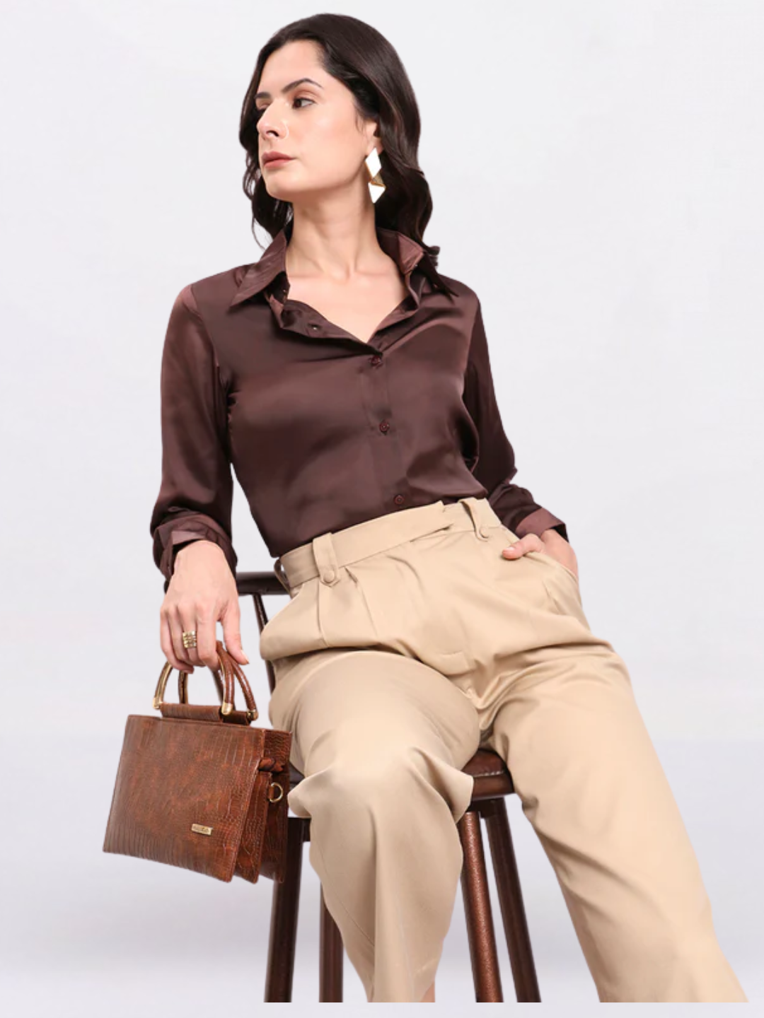 Women Chocolate Brown Satin Long Sleeve Button-Up Shirt