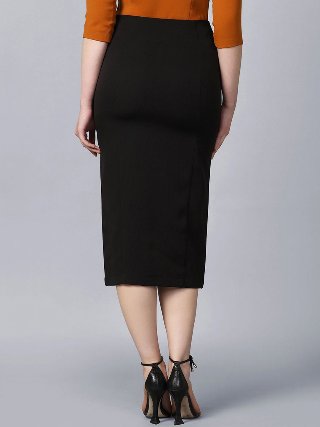Women Straight Fit Stretch Longline Button Detail Skirt-Black