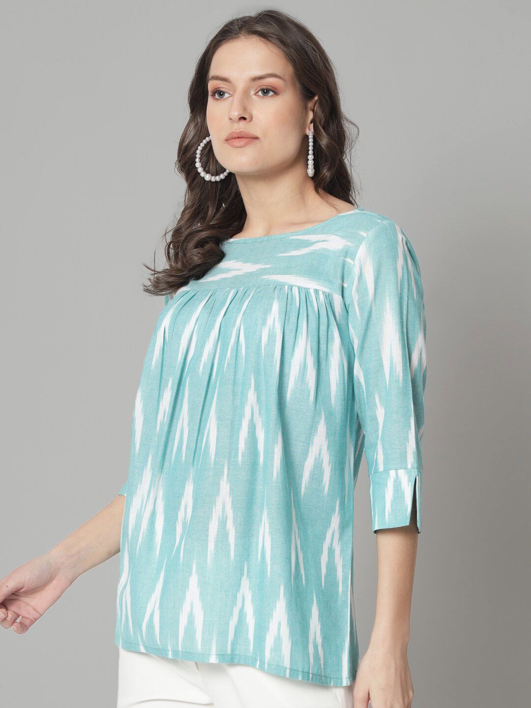 Cotton Ikat Print Loose Fit Top- Green