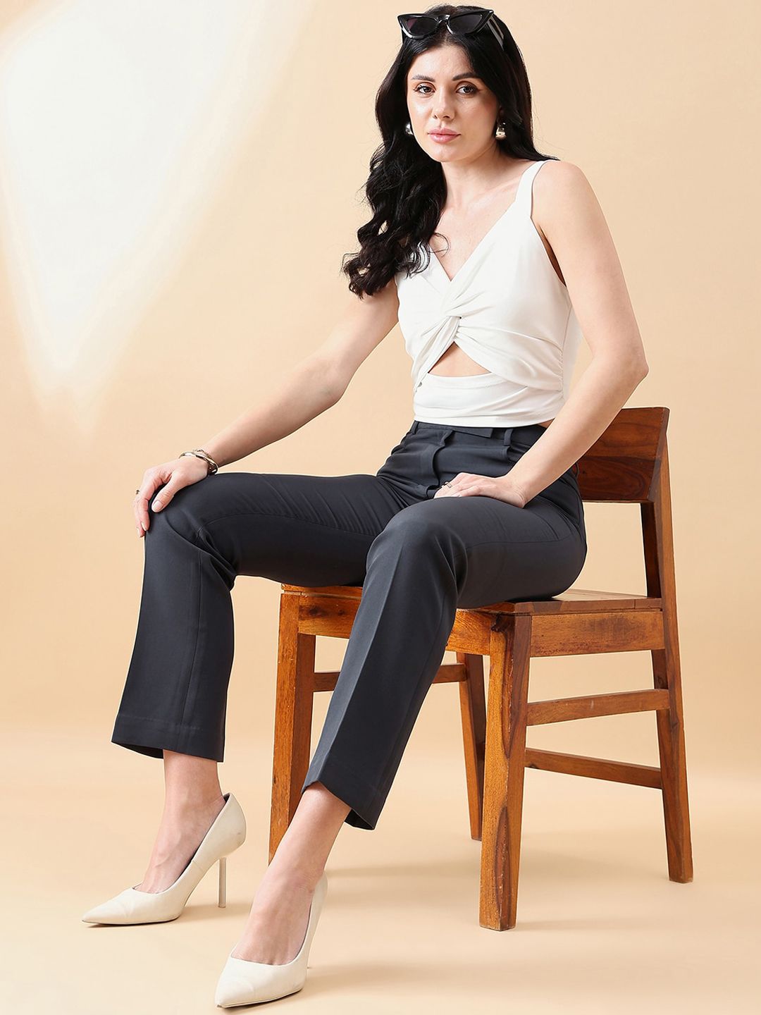 Women Comfort Fit Mid Waist Stretch Pants- Dark Grey