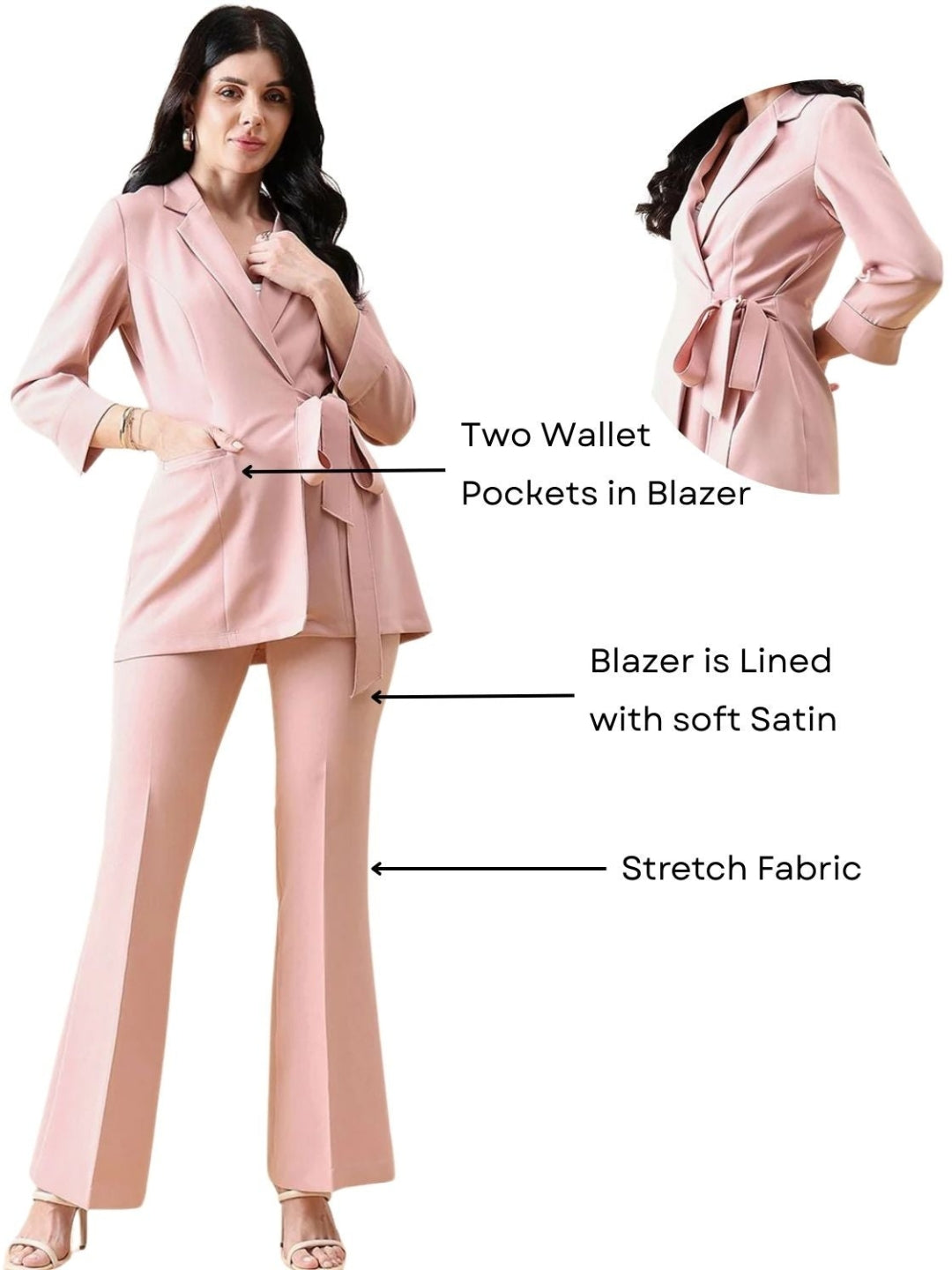 Women Pink Front Knot Single-Breasted Powersuit