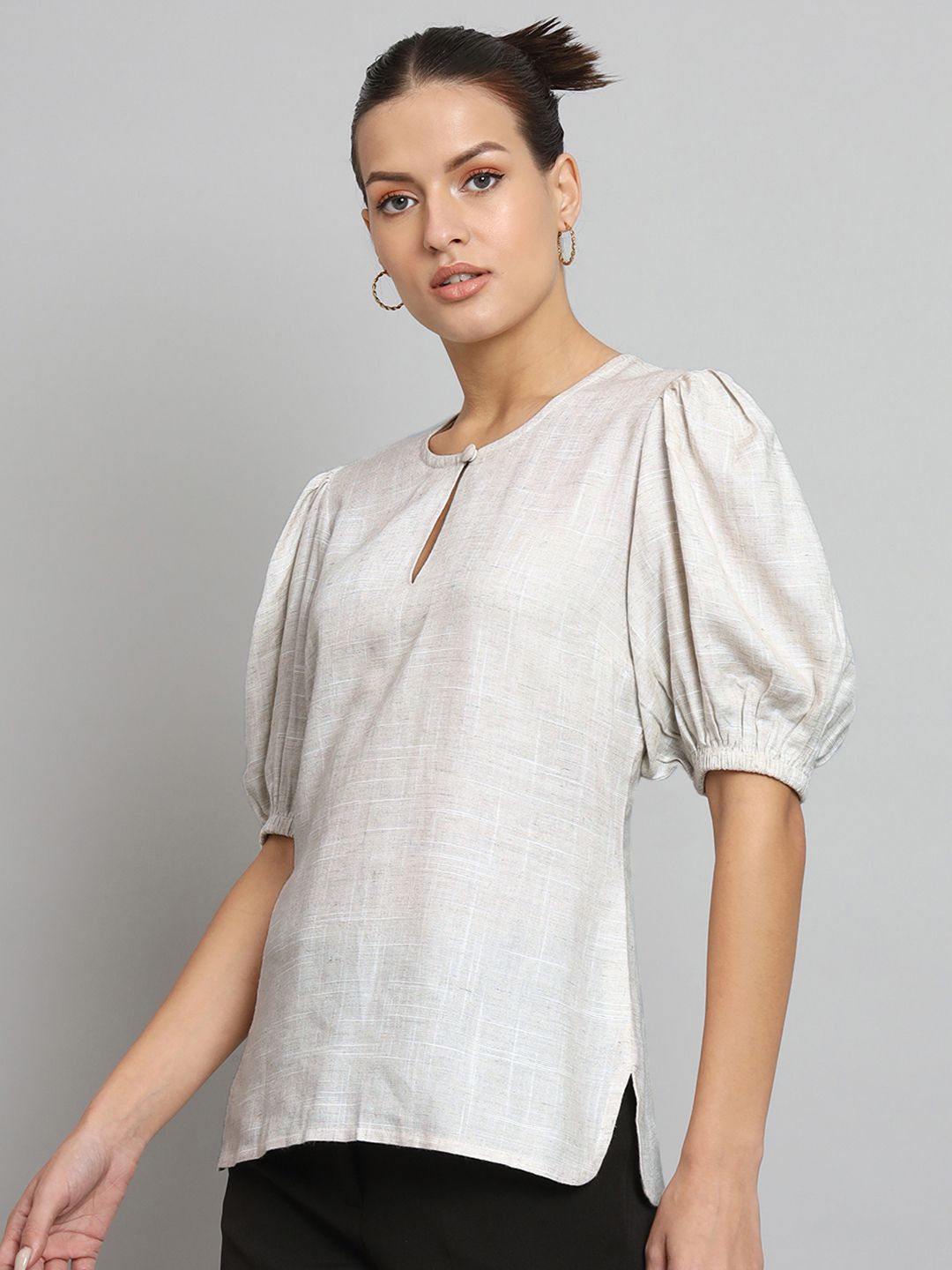 Balloon Sleeves Viscose Linen Top - Light Beige