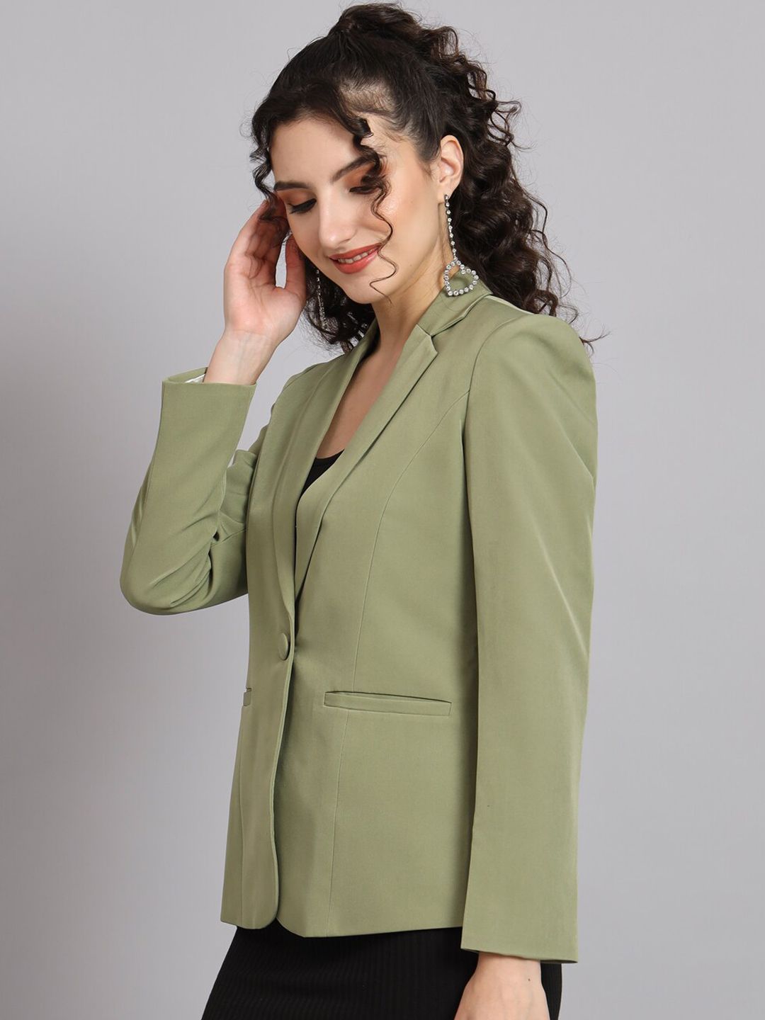Notched Collar Blazer - Olive Green