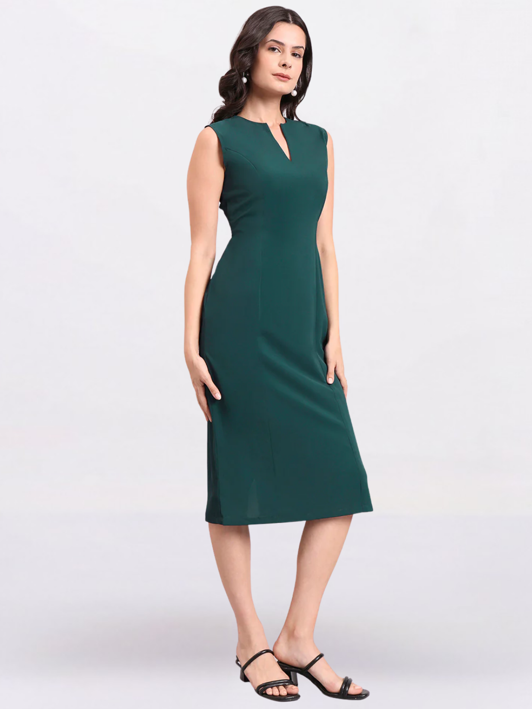 Women Dark Green Princess Panel A-Line Stretch Midi Dress